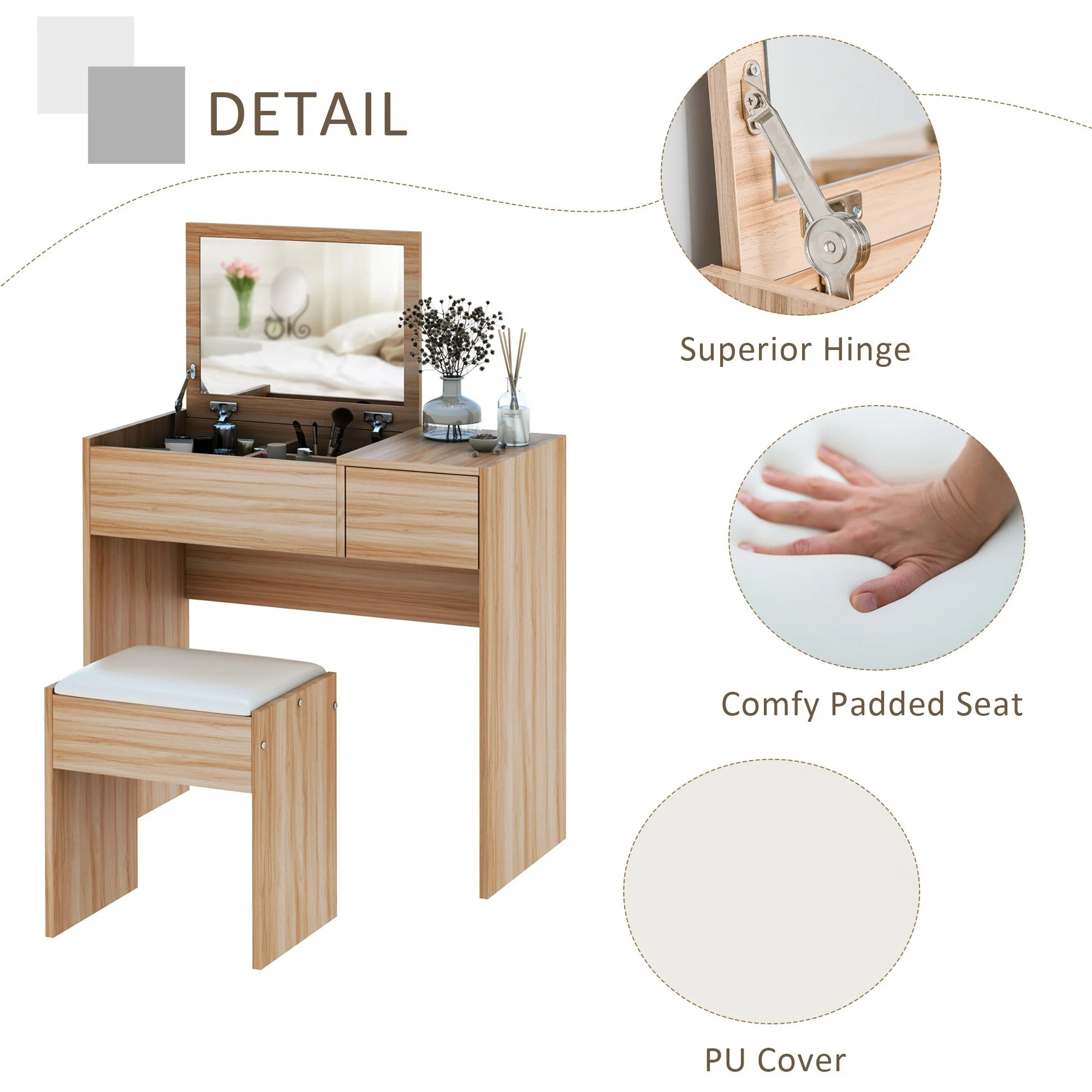 Chipboard Dressing Table Set Cushioned Stool Flip-up Mirror Drawer Wood Grain Colour - Image 5