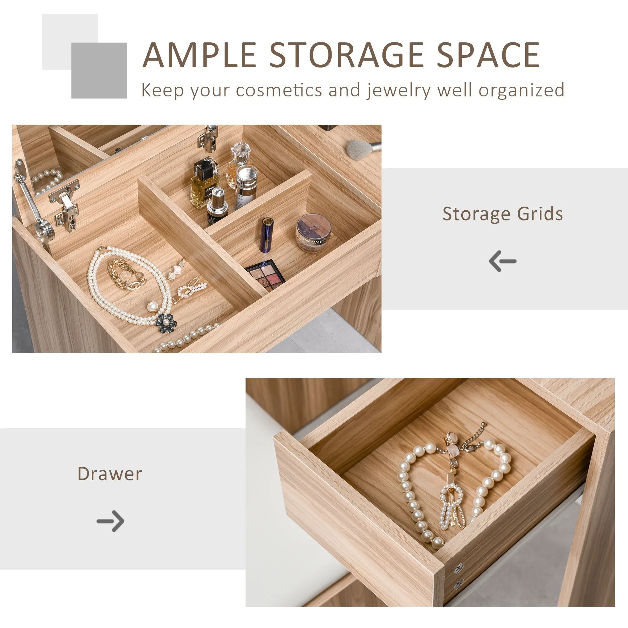 Chipboard Dressing Table Set Cushioned Stool Flip-up Mirror Drawer Wood Grain Colour - Image 6