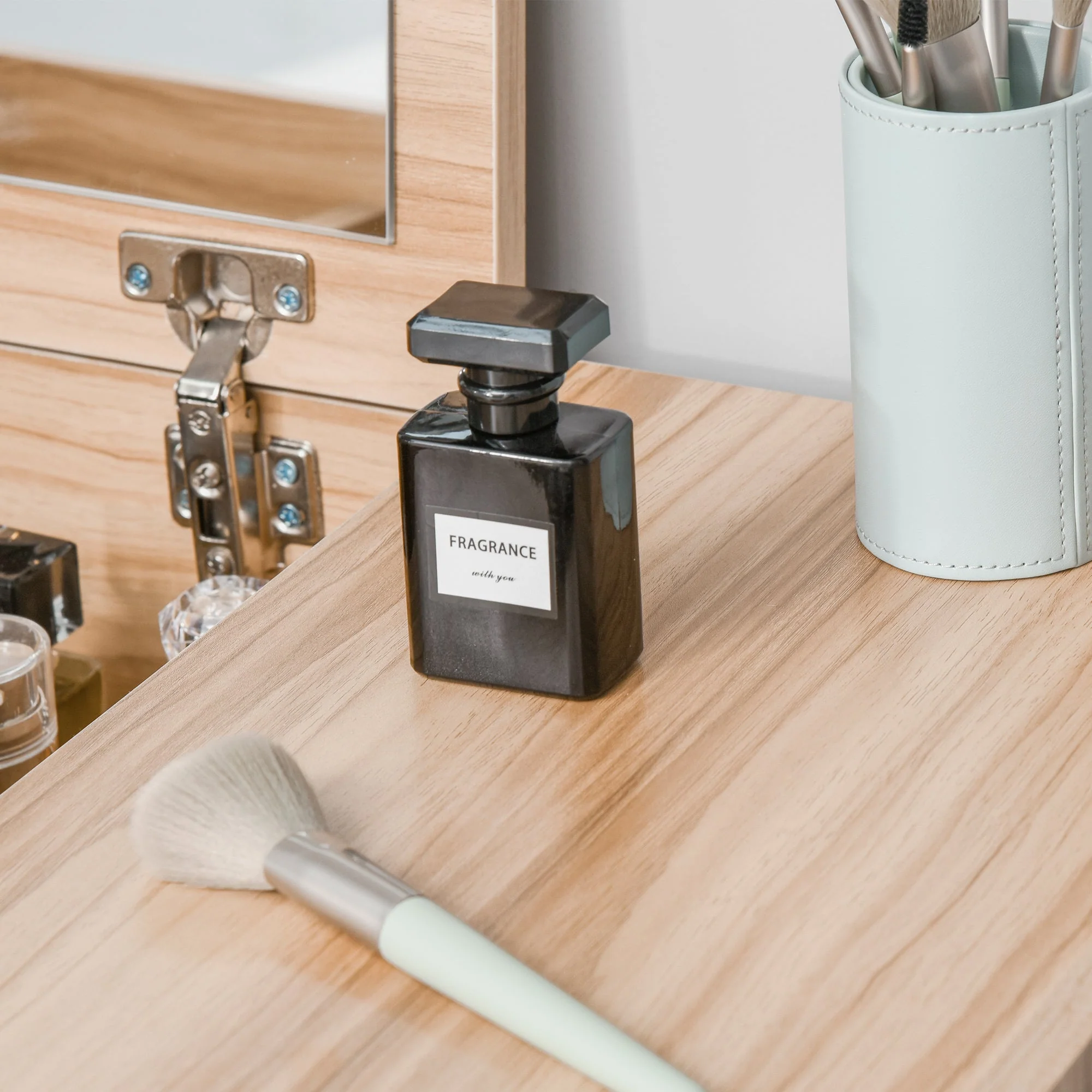 Chipboard Dressing Table Set Cushioned Stool Flip-up Mirror Drawer Wood Grain Colour - Image 7