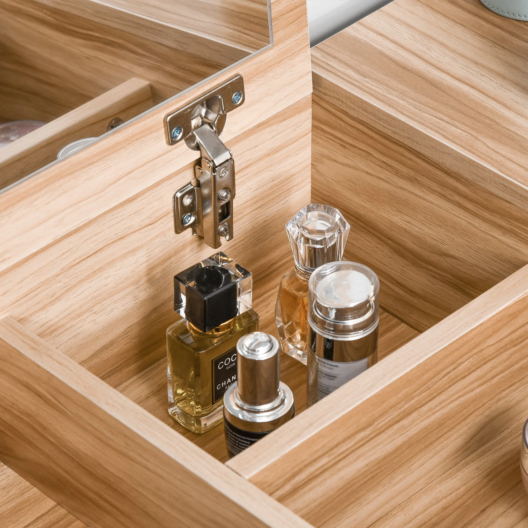 Chipboard Dressing Table Set Cushioned Stool Flip-up Mirror Drawer Wood Grain Colour - Image 8