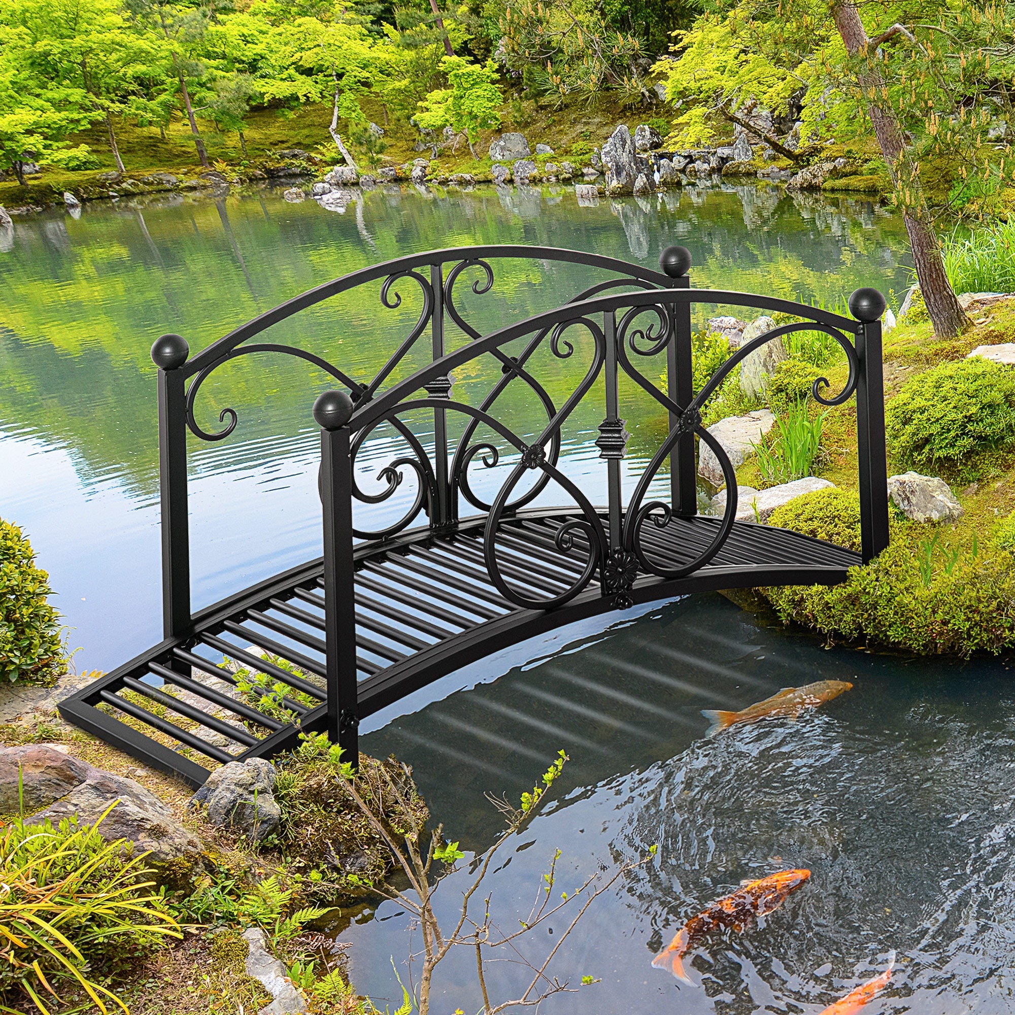 Classic Garden Bridge with Safety Railings Arc Footbridge Decorative Pond for Backyard Creek Stream - Image 2