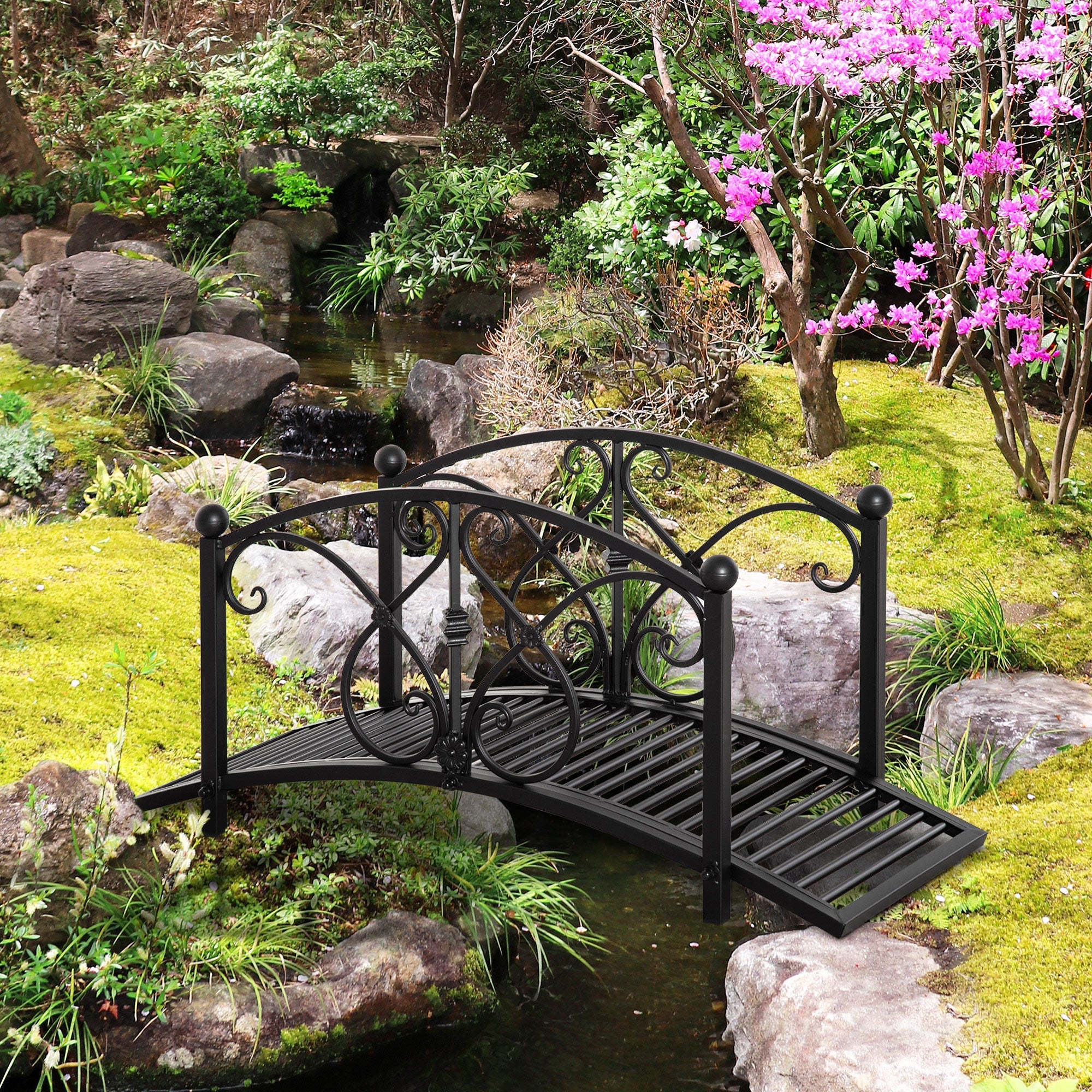 Classic Garden Bridge with Safety Railings Arc Footbridge Decorative Pond for Backyard Creek Stream - Image 7
