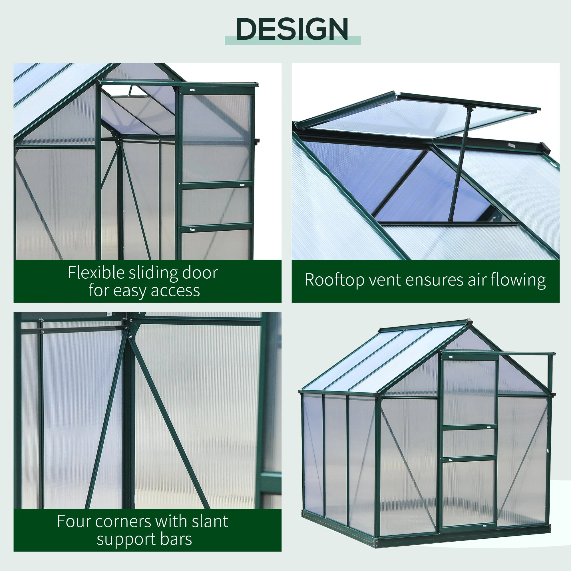 Clear Polycarbonate Greenhouse Large Walk-In Green House Garden Plants Grow Galvanized Base Aluminium Frame w/ Slide Door 6 x 6ft - Image 3