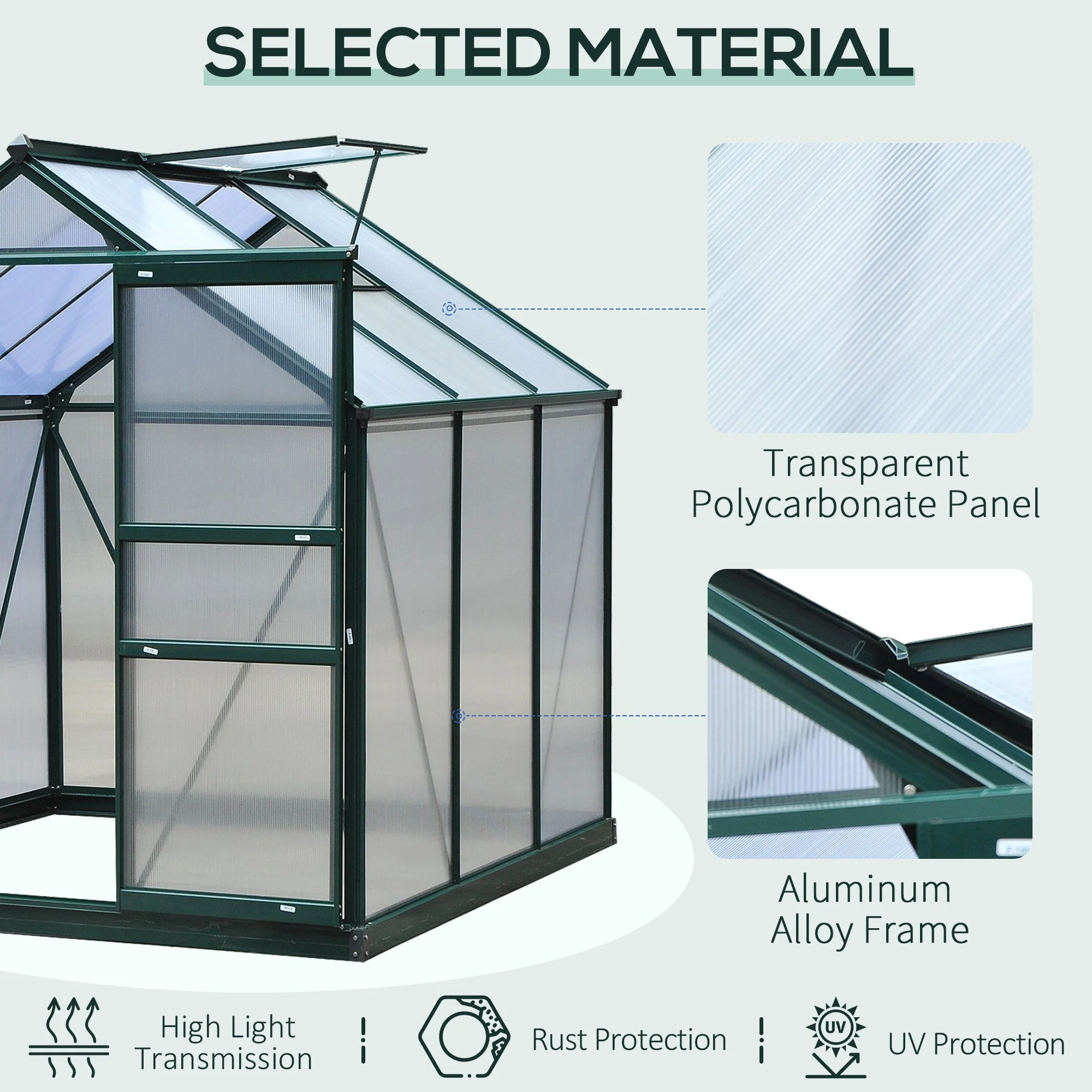 Clear Polycarbonate Greenhouse Large Walk-In Green House Garden Plants Grow Galvanized Base Aluminium Frame w/ Slide Door 6 x 6ft - Image 4