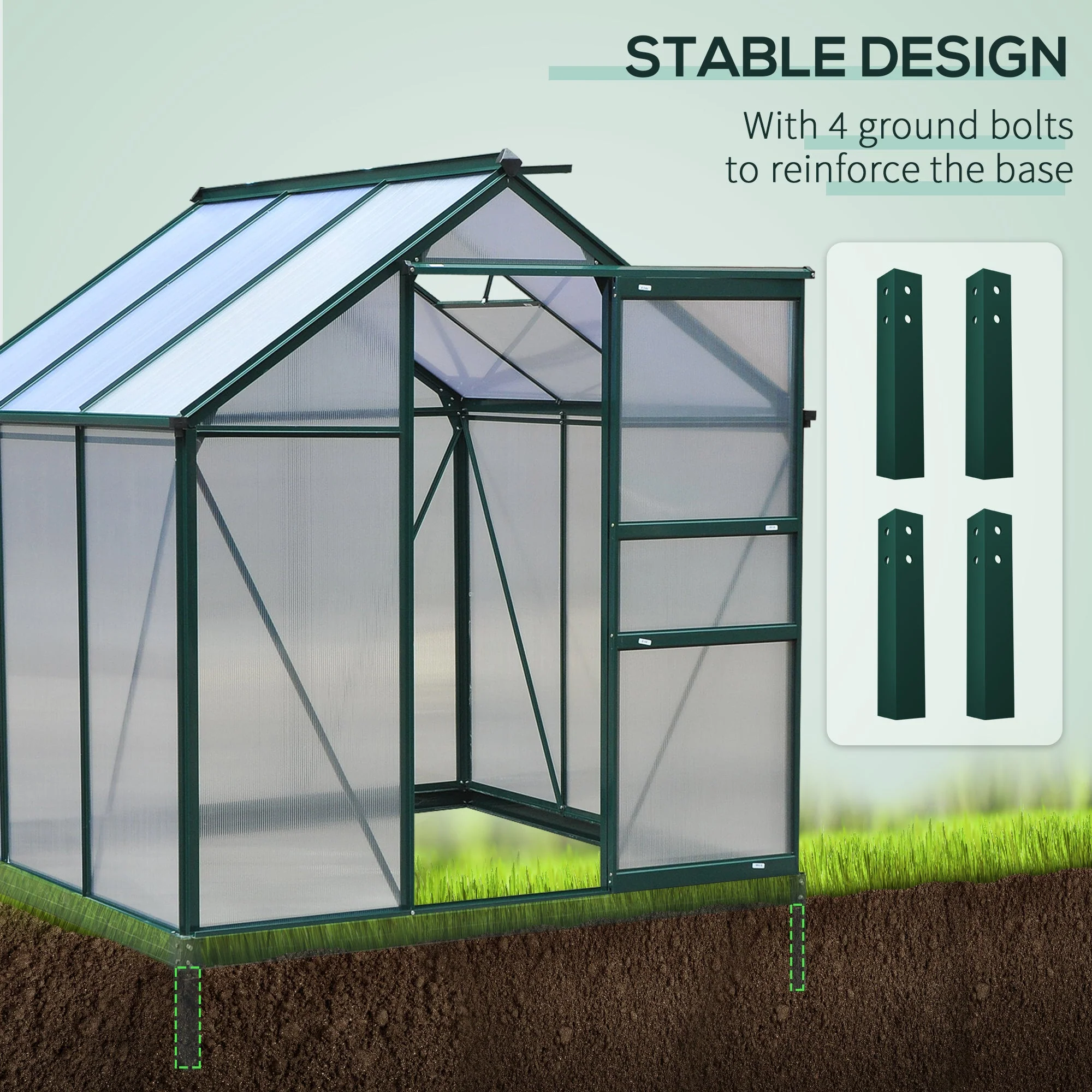 Clear Polycarbonate Greenhouse Large Walk-In Green House Garden Plants Grow Galvanized Base Aluminium Frame w/ Slide Door 6 x 6ft - Image 5