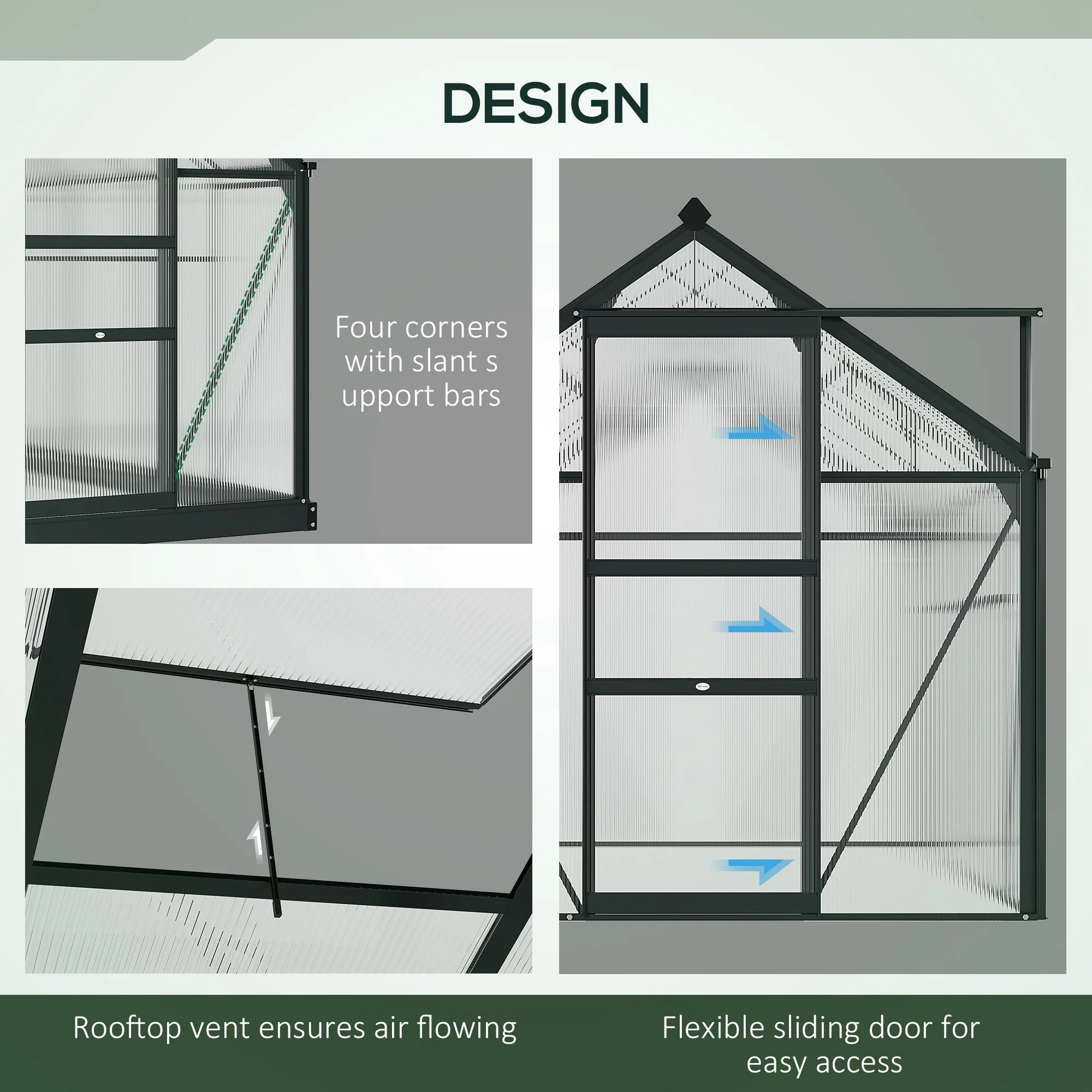 Clear Polycarbonate Greenhouse Large Walk-In Green House Garden Plants Grow Galvanized Base Aluminium Frame with Slide Door - Image 6