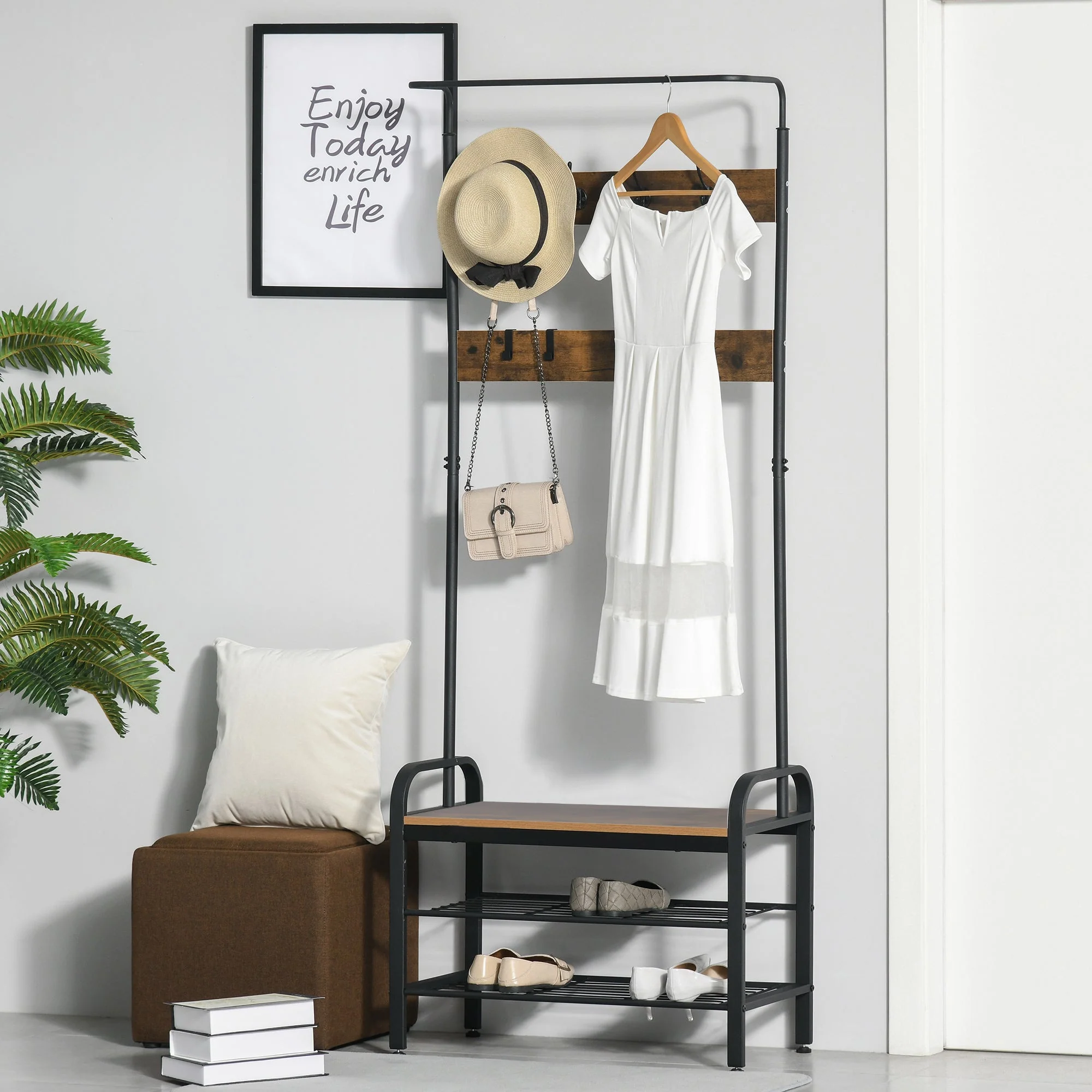 Coat Rack Stand Industrial hallway Shoe Rack Removable Hooks Metal Wood Hangers Storage Cabinet Rustic Brown 72L×34W×185Hcm - Image 2
