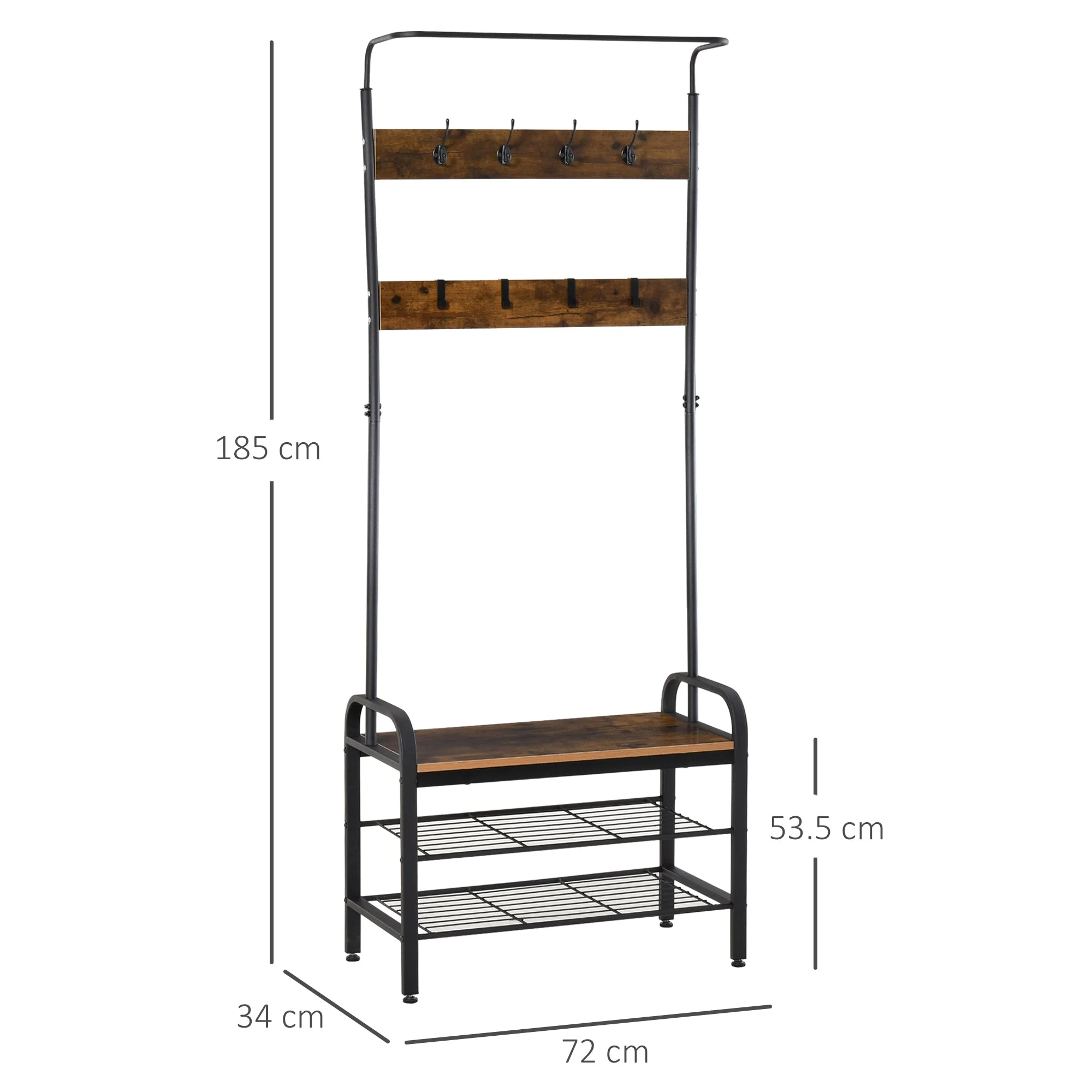Coat Rack Stand Industrial hallway Shoe Rack Removable Hooks Metal Wood Hangers Storage Cabinet Rustic Brown 72L×34W×185Hcm - Image 3