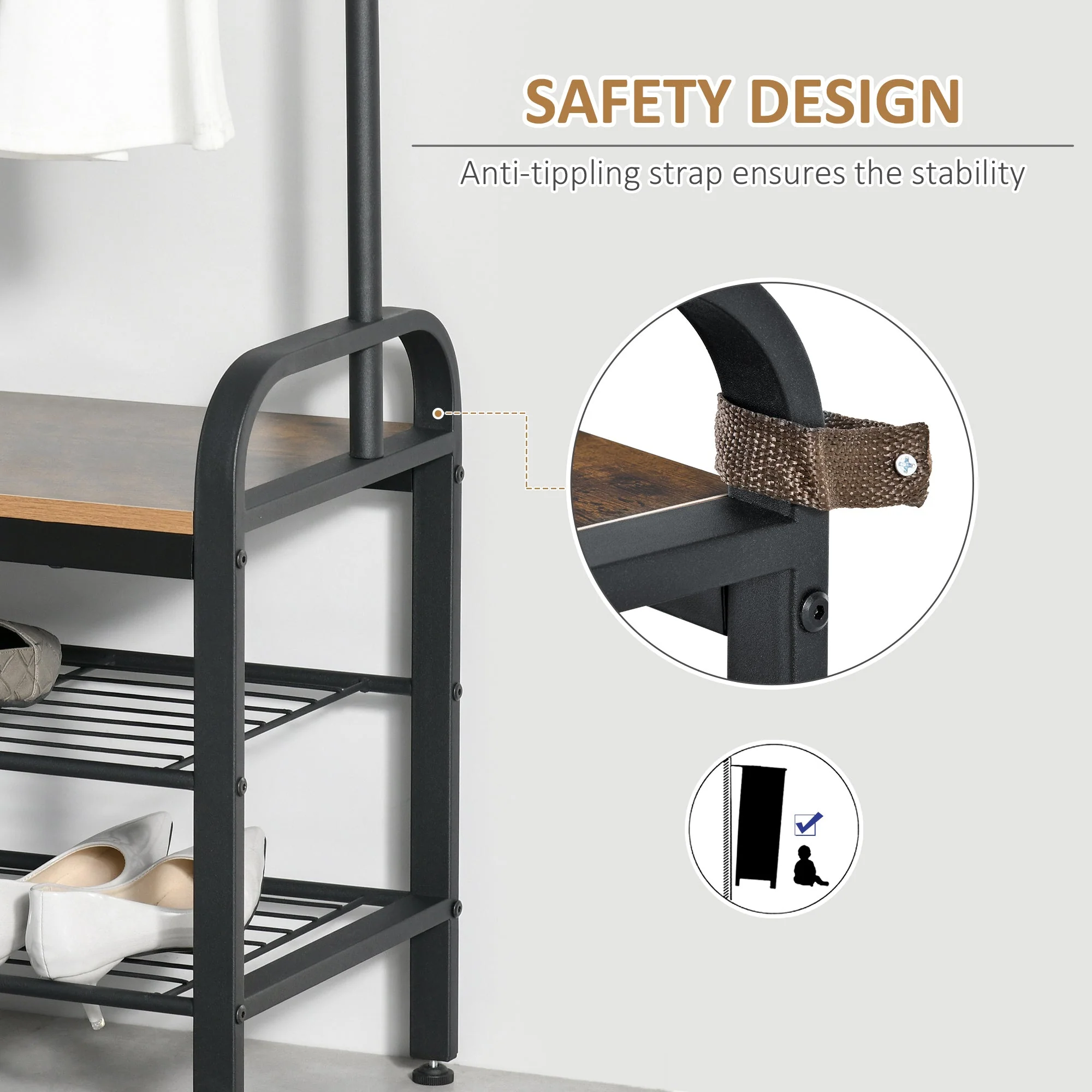 Coat Rack Stand Industrial hallway Shoe Rack Removable Hooks Metal Wood Hangers Storage Cabinet Rustic Brown 72L×34W×185Hcm - Image 5