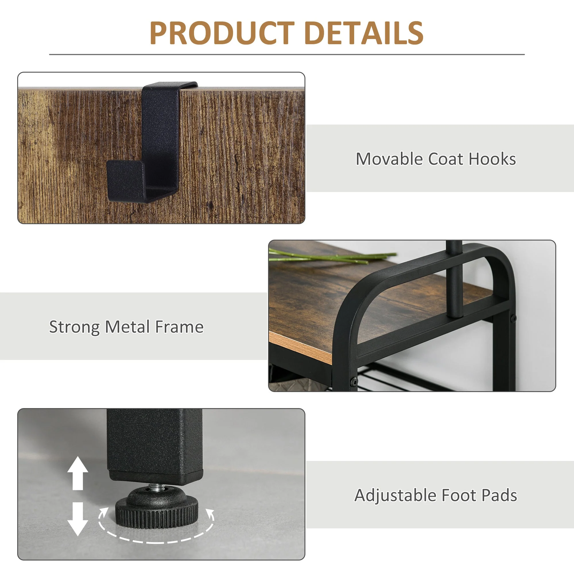 Coat Rack Stand Industrial hallway Shoe Rack Removable Hooks Metal Wood Hangers Storage Cabinet Rustic Brown 72L×34W×185Hcm - Image 6