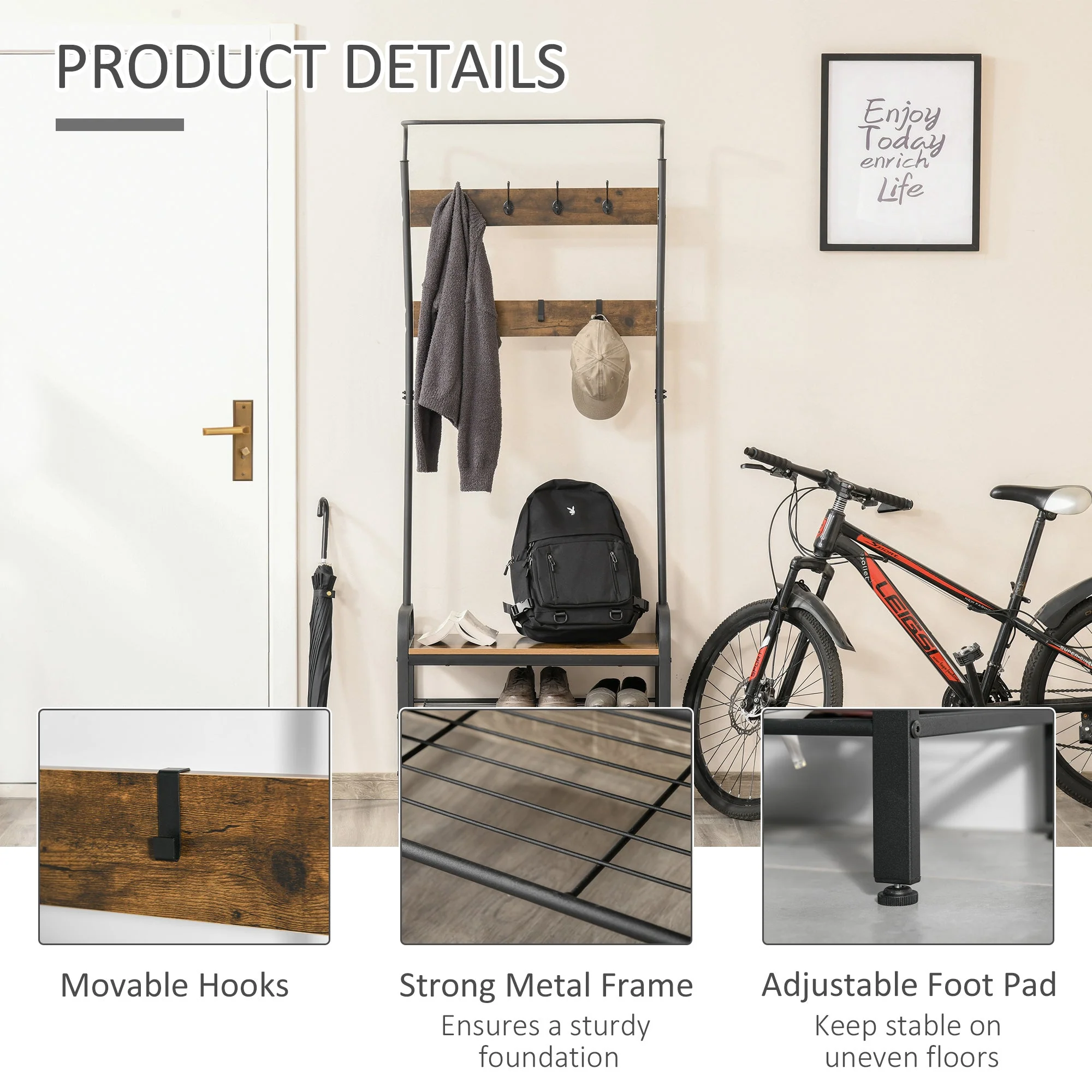 Coat Rack Stand Industrial hallway Shoe Rack Removable Hooks Metal Wood Hangers Storage Cabinet Rustic Brown 72L×34W×185Hcm - Image 7