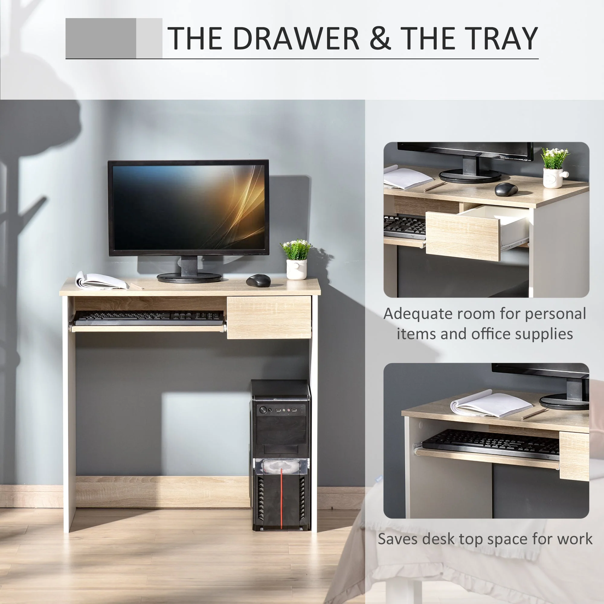 Compact Computer Table with Keyboard Tray Drawer Study Office Working Writing Desk - Image 4