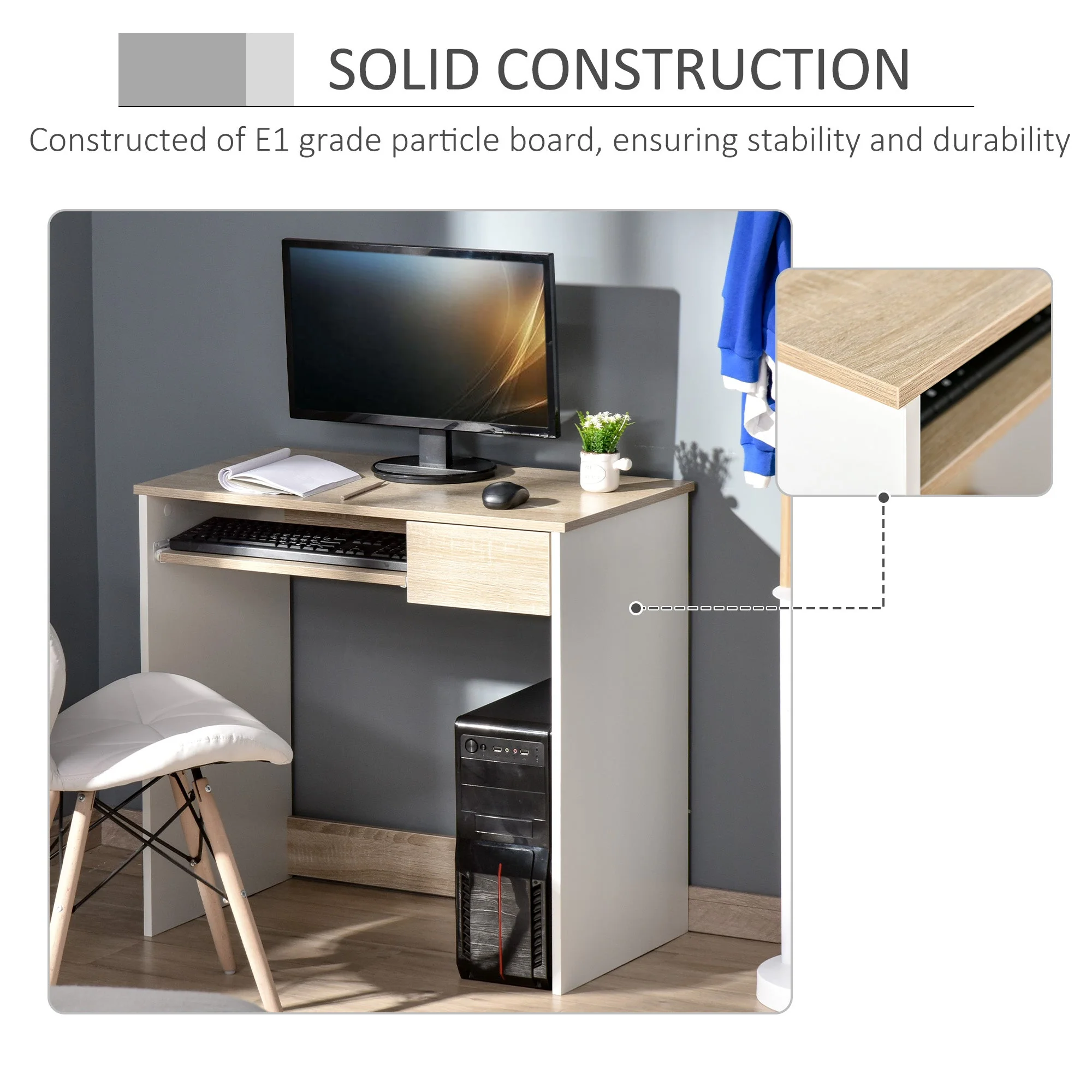 Compact Computer Table with Keyboard Tray Drawer Study Office Working Writing Desk - Image 5