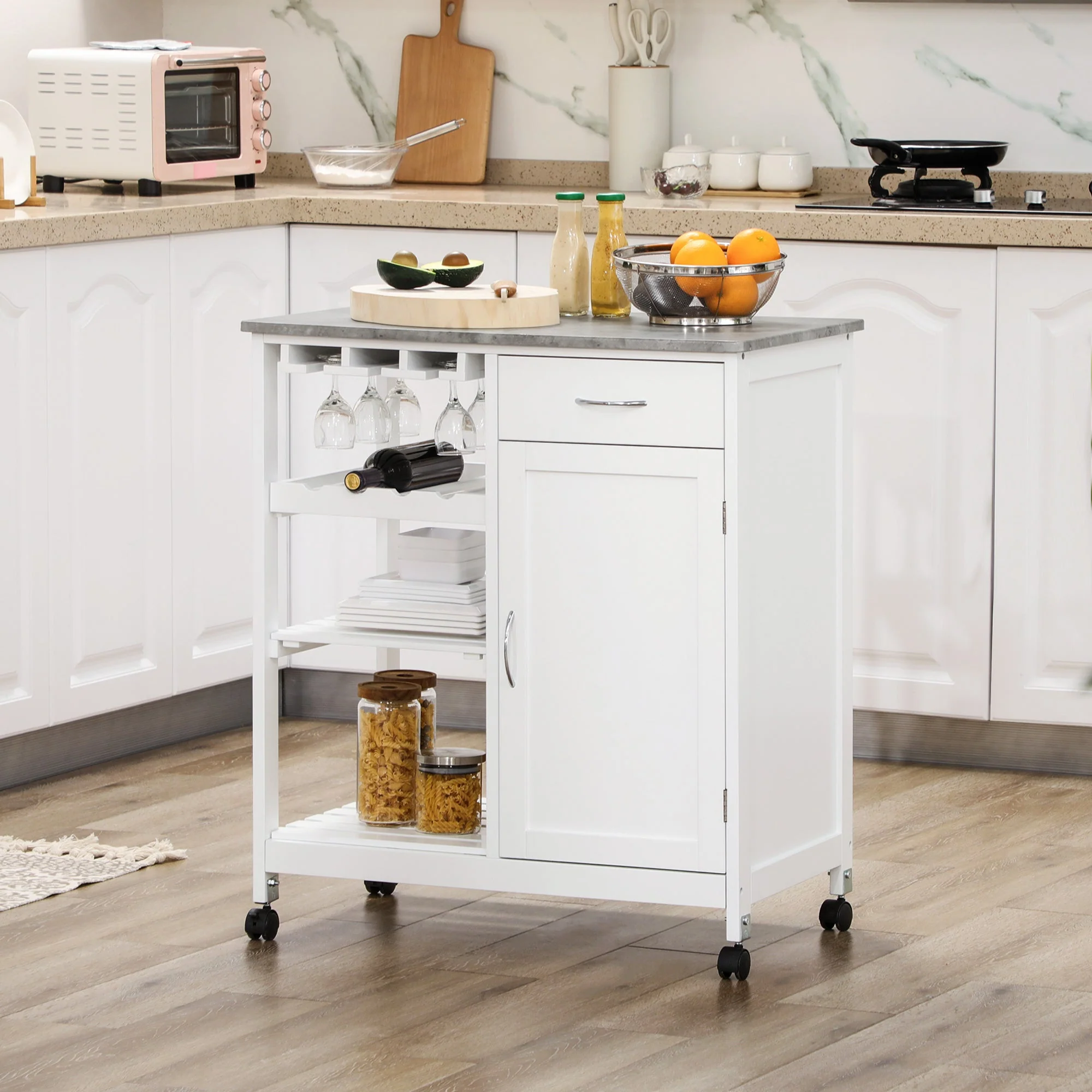 Compact Kitchen Trolley Utility Cart on Wheels with Wine Rack - Image 2