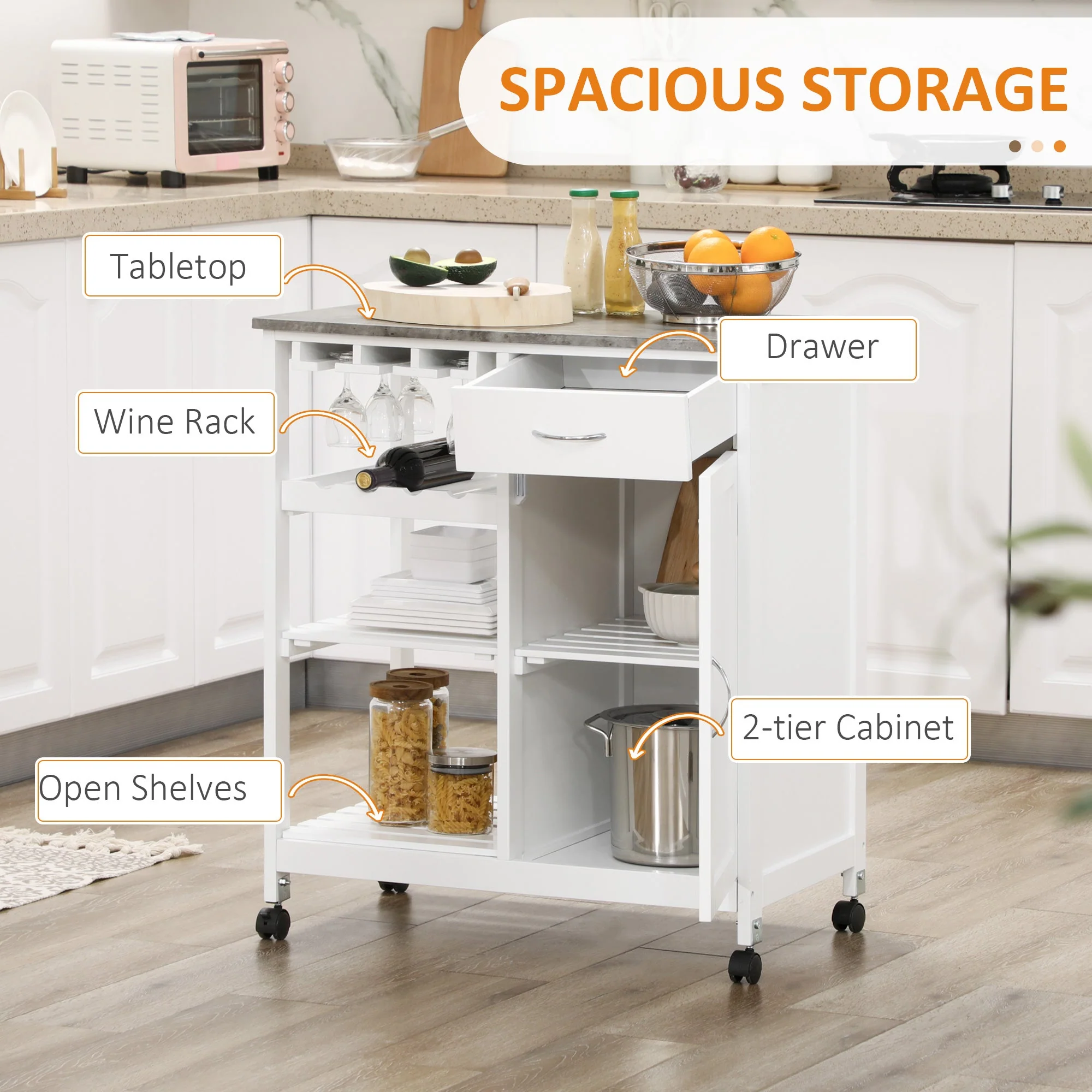 Compact Kitchen Trolley Utility Cart on Wheels with Wine Rack - Image 5