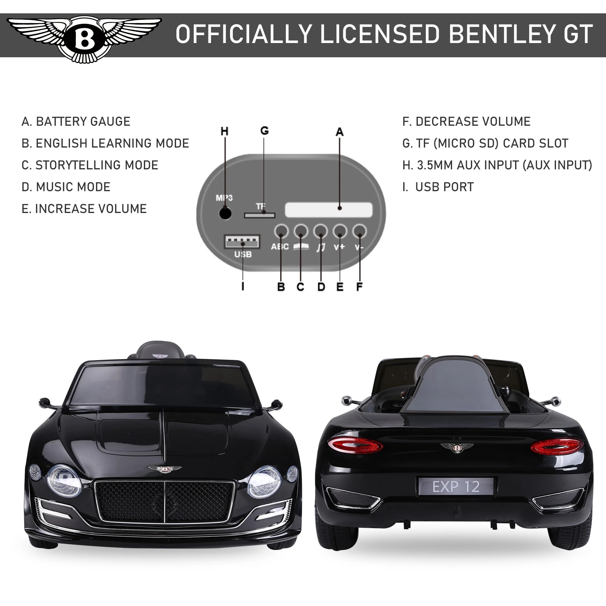 Compatible Electric Kids Ride On Car Bentley GT 12V Battery Powered Toy Two Motors with LED Light Music Parental Remote Control for 3 - 8 Years Black Bentley - Image 4