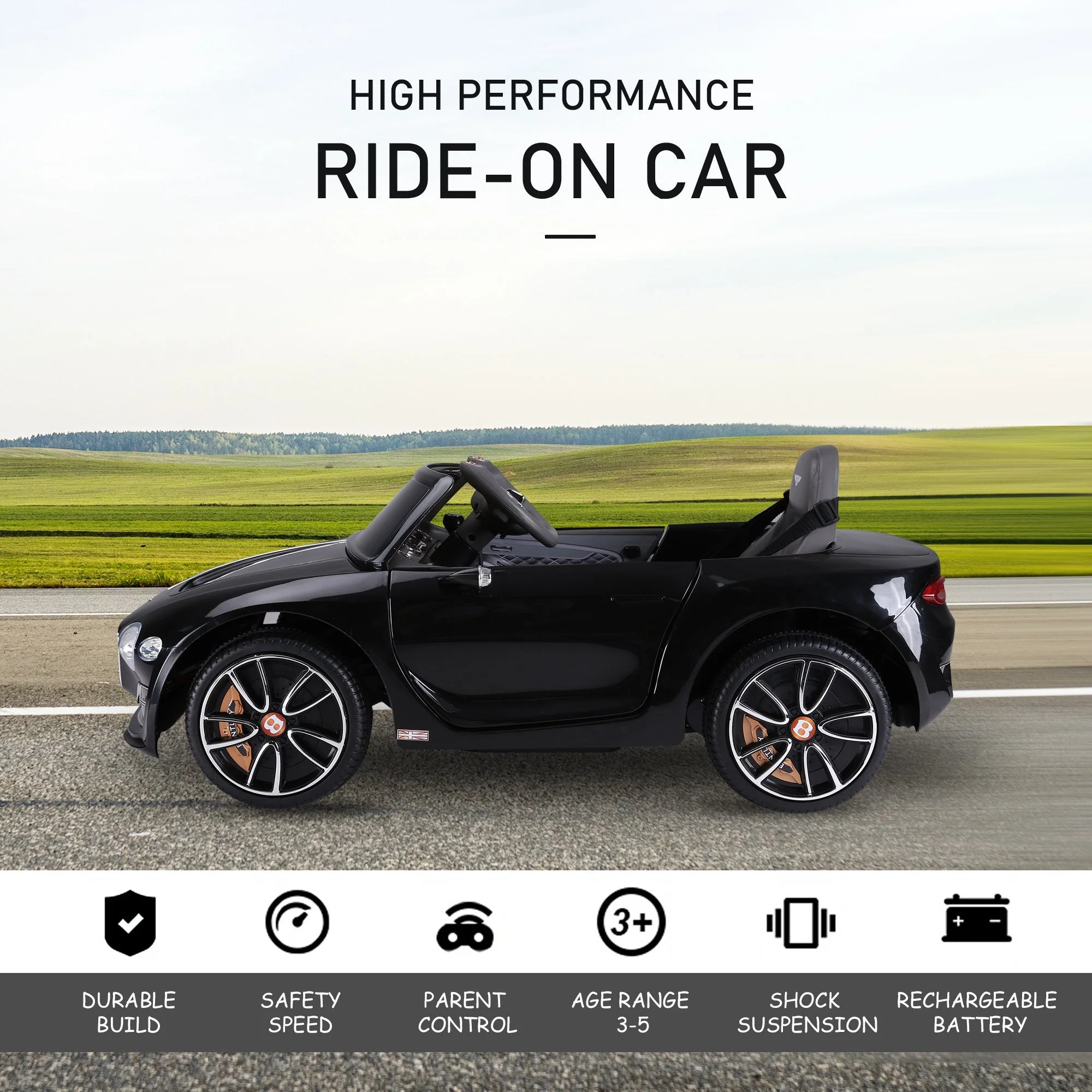 Compatible Electric Kids Ride On Car Bentley GT 12V Battery Powered Toy Two Motors with LED Light Music Parental Remote Control for 3 - 8 Years Black Bentley - Image 7