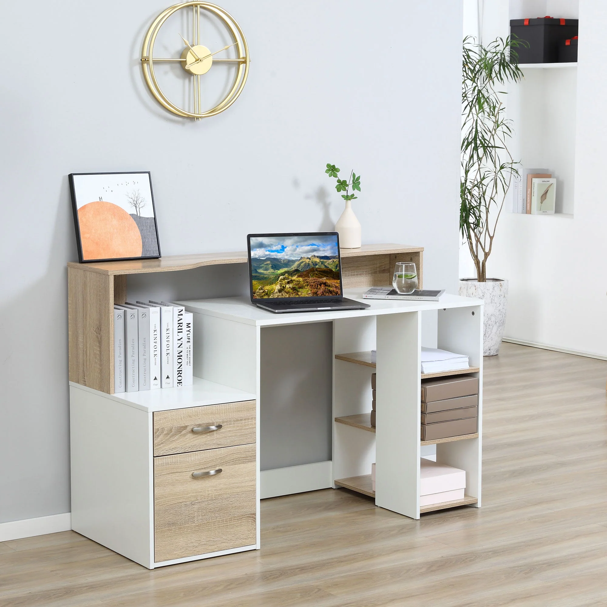 Computer Desk PC Table Modern Home Office Writing Workstation Furniture Printer Shelf Rack w/ Storage Drawer & Shelves Oak and white - Image 3