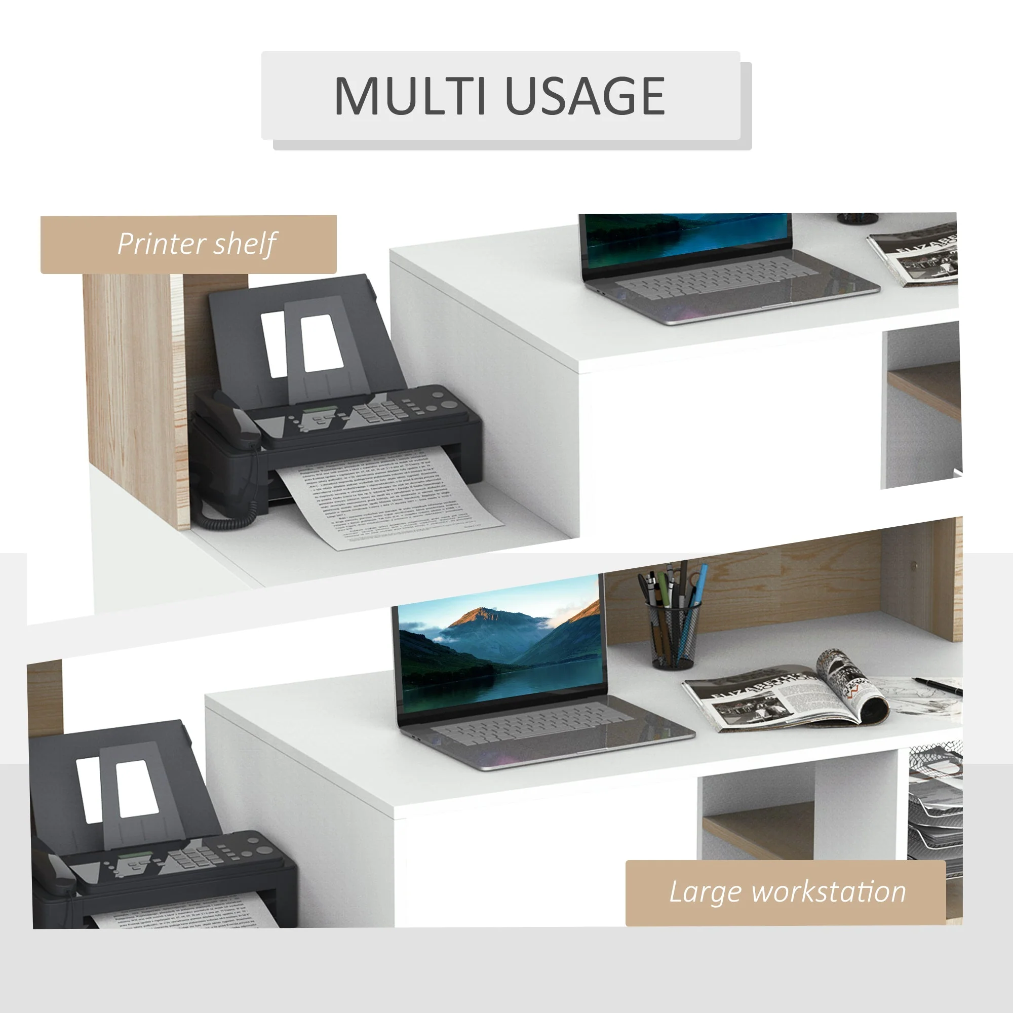 Computer Desk PC Table Modern Home Office Writing Workstation Furniture Printer Shelf Rack w/ Storage Drawer & Shelves Oak and white - Image 6