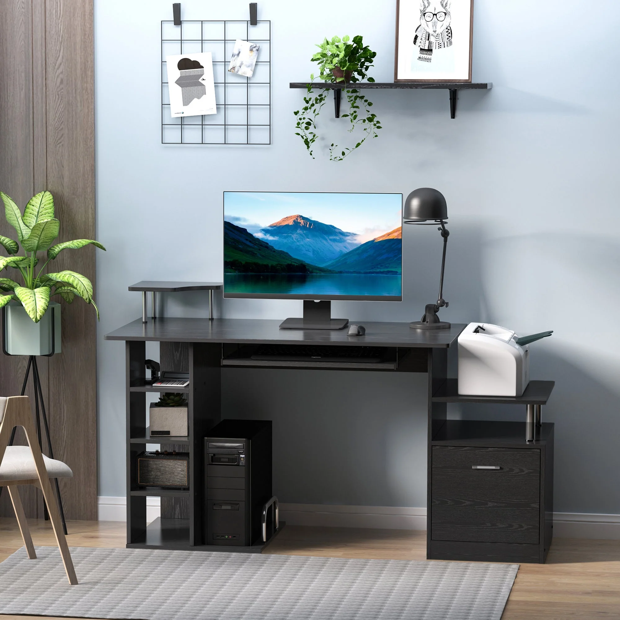 Computer Desk PC Workstation with Drawer Shelves CPU Storage Rack Home Office Furniture BLACK - Image 2