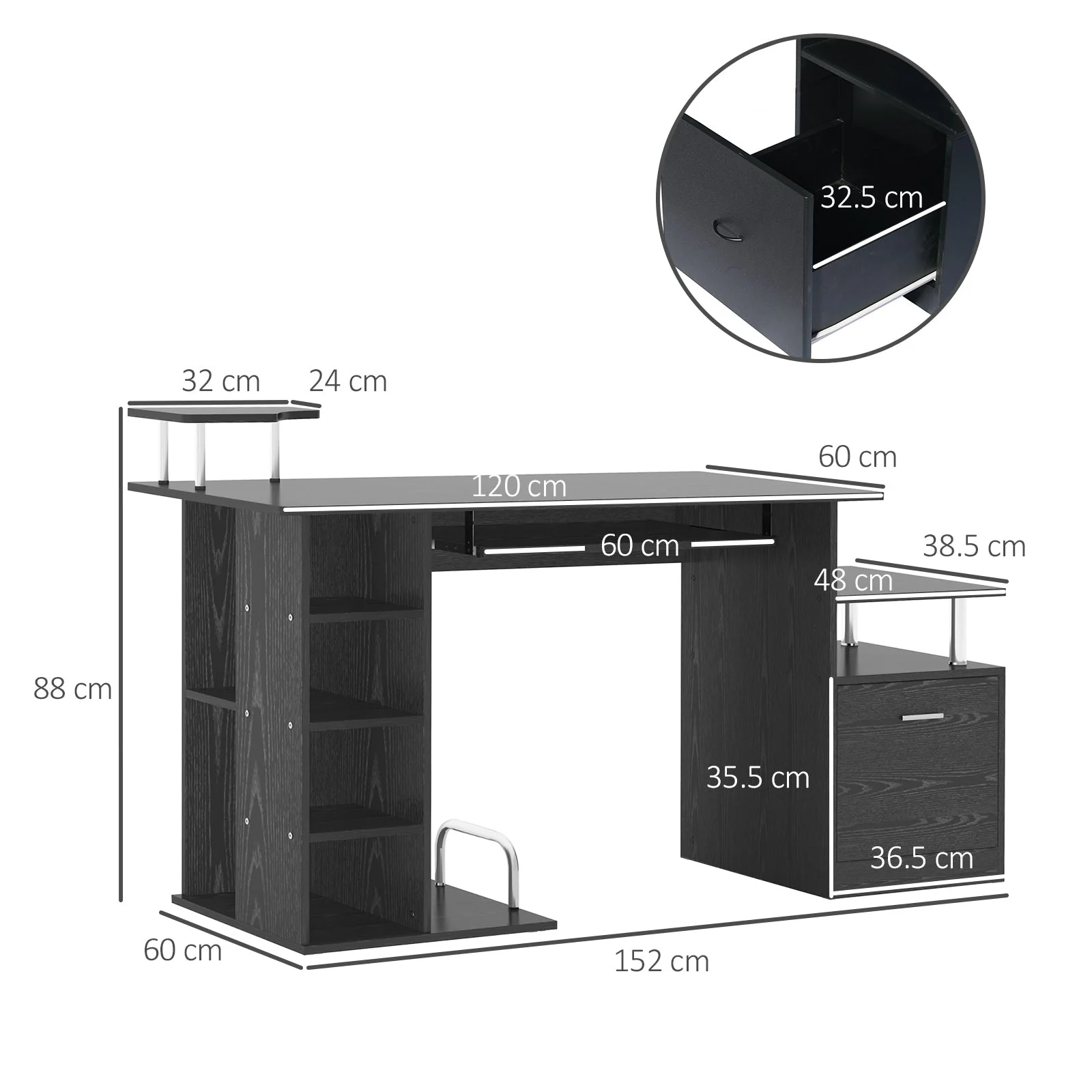Computer Desk PC Workstation with Drawer Shelves CPU Storage Rack Home Office Furniture BLACK - Image 3