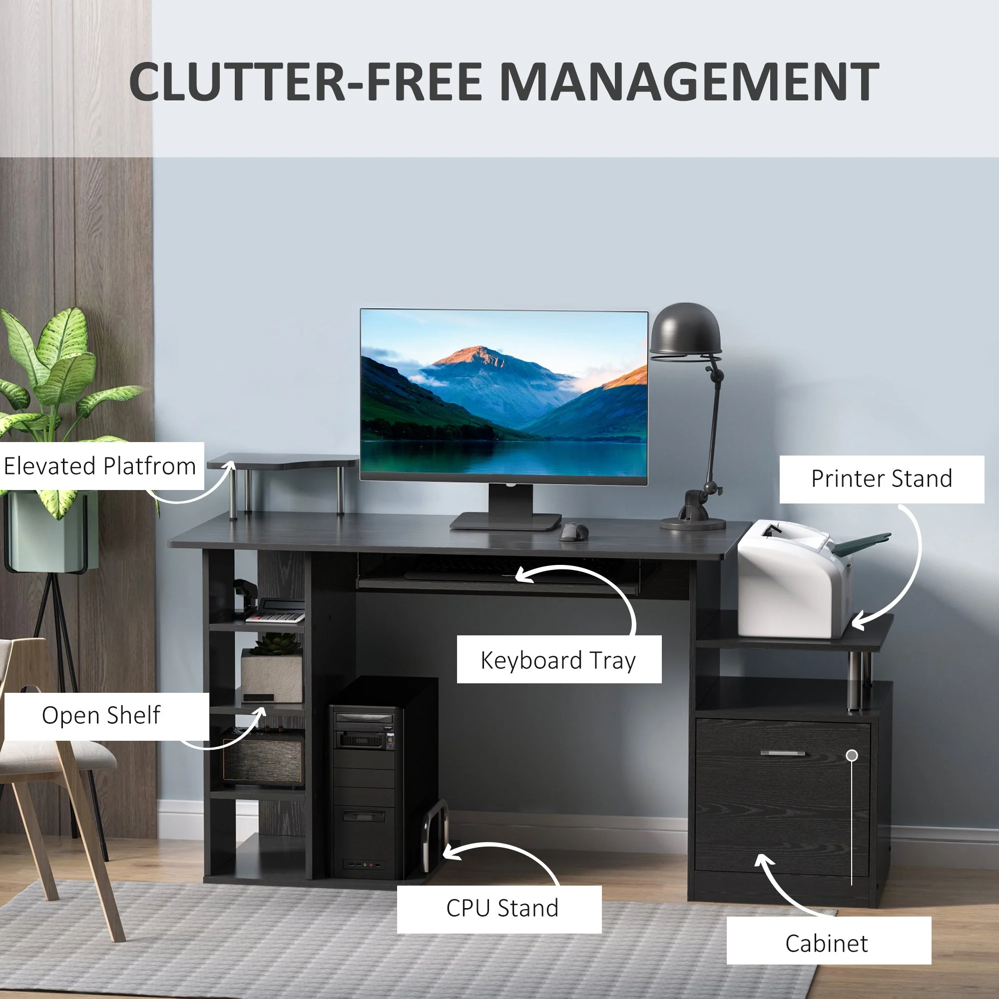Computer Desk PC Workstation with Drawer Shelves CPU Storage Rack Home Office Furniture BLACK - Image 4