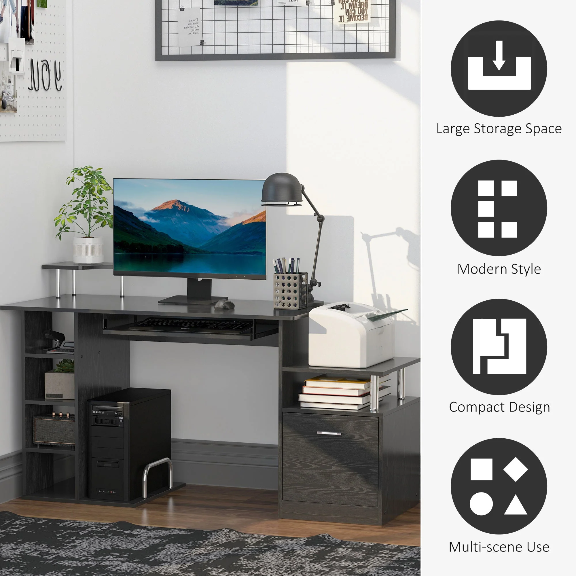 Computer Desk PC Workstation with Drawer Shelves CPU Storage Rack Home Office Furniture BLACK - Image 9