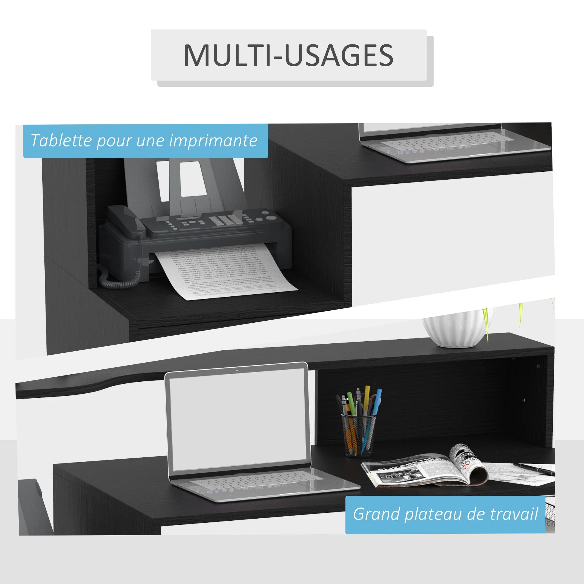 Computer Desk Study Table Modern Home Office Writing Workstation Furniture Printer Shelf Rack w/ Storage Drawer & Shelves Black - Image 4