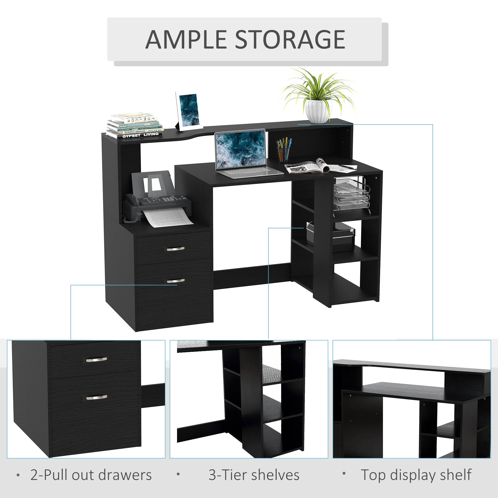 Computer Desk Study Table Modern Home Office Writing Workstation Furniture Printer Shelf Rack w/ Storage Drawer & Shelves Black - Image 5