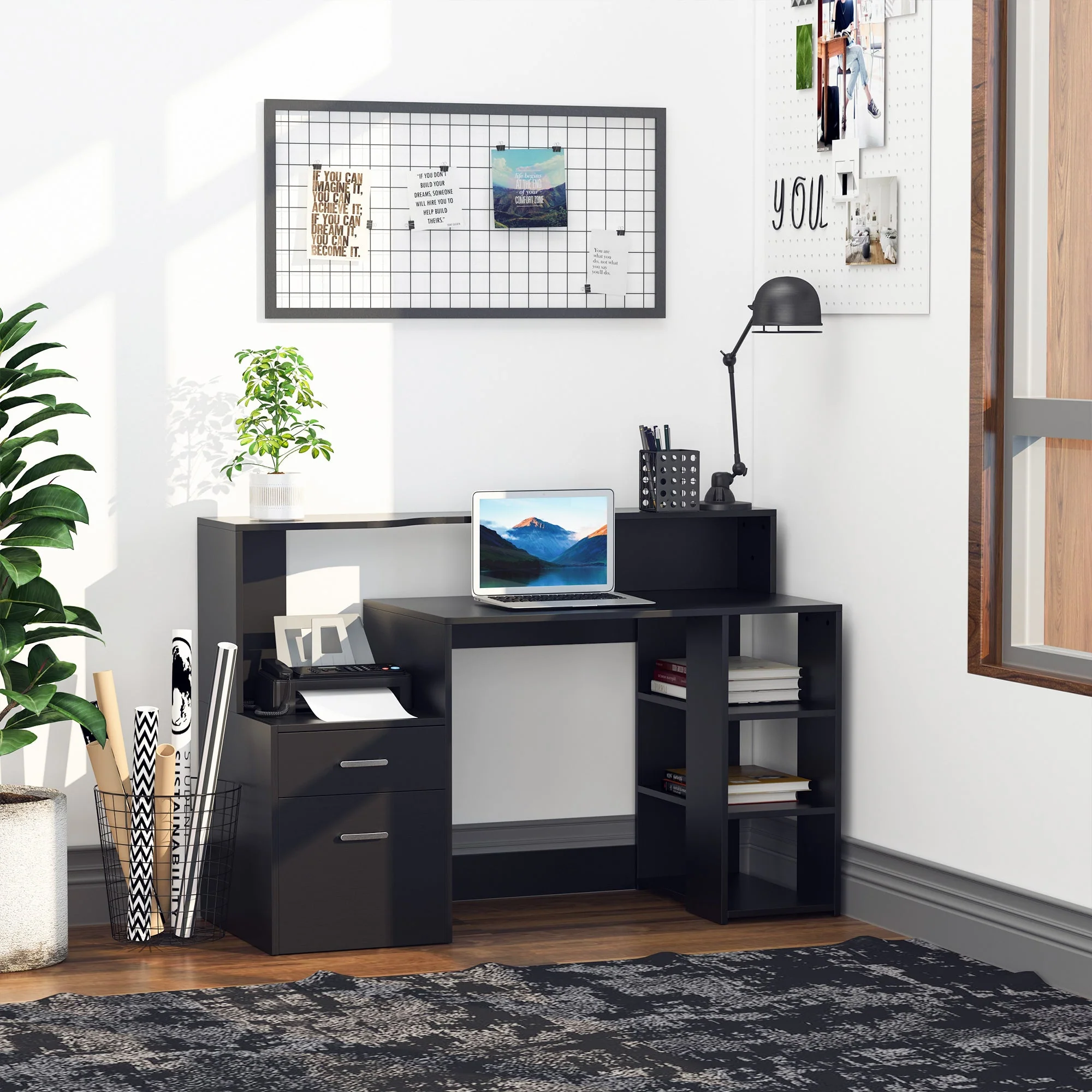 Computer Desk Study Table Modern Home Office Writing Workstation Furniture Printer Shelf Rack w/ Storage Drawer & Shelves Black - Image 7
