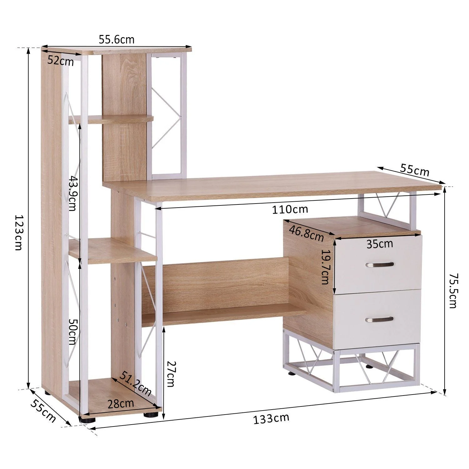 Computer Desk with Drawers and Bookshelf - Image 3