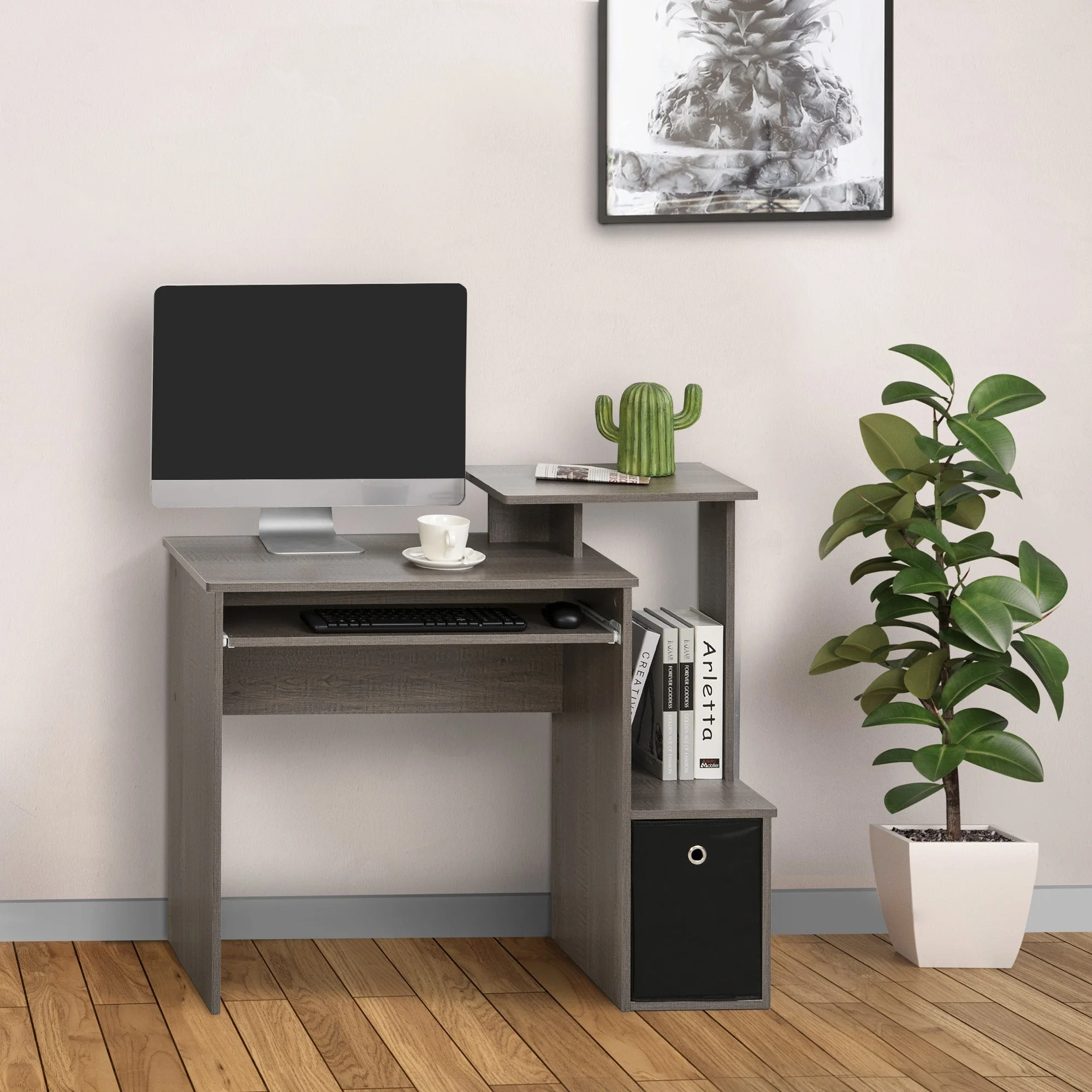 Computer Desk with Sliding Keyboard Tray Storage Drawer Shelf Home Office Workstation Grey - Image 2