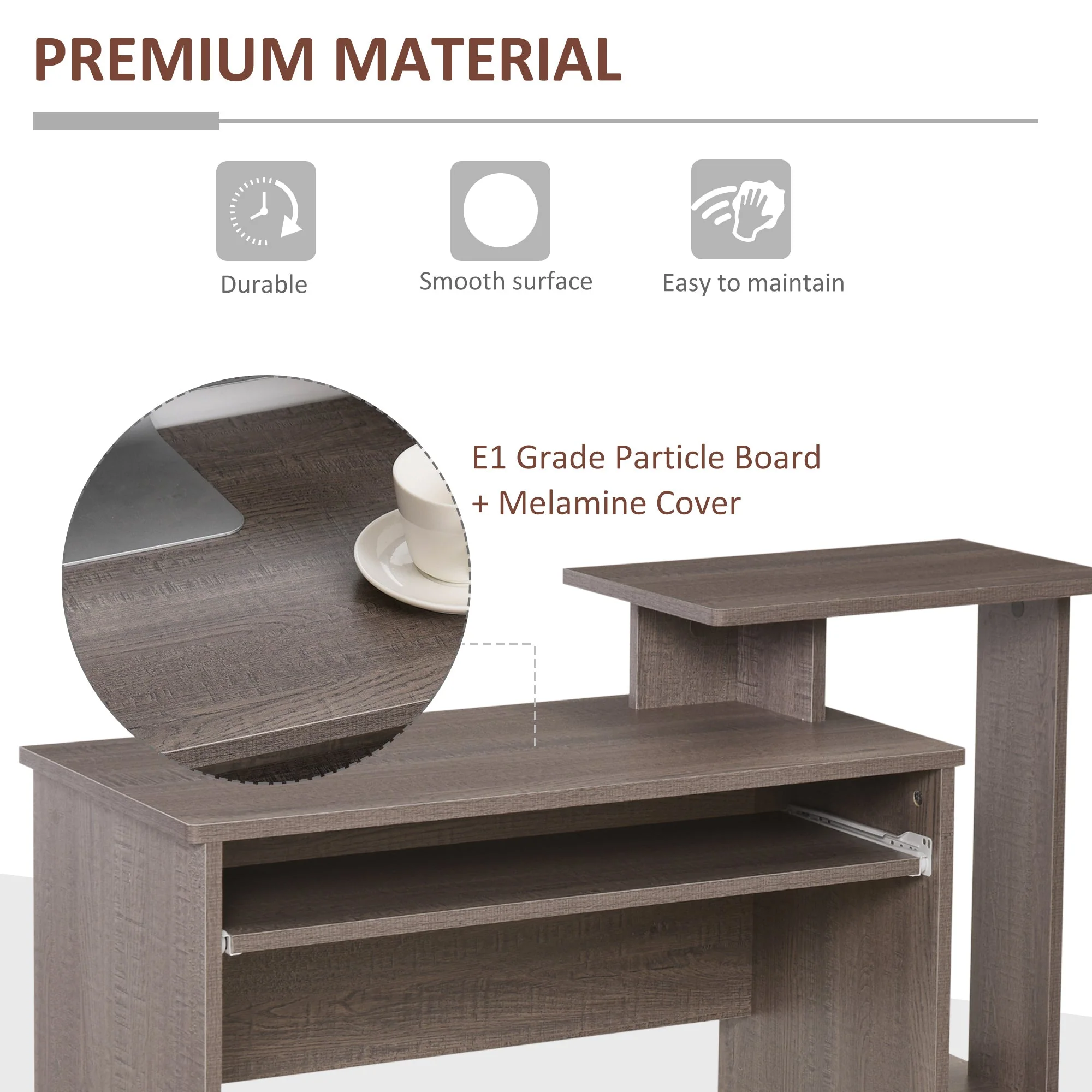 Computer Desk with Sliding Keyboard Tray Storage Drawer Shelf Home Office Workstation Grey - Image 5