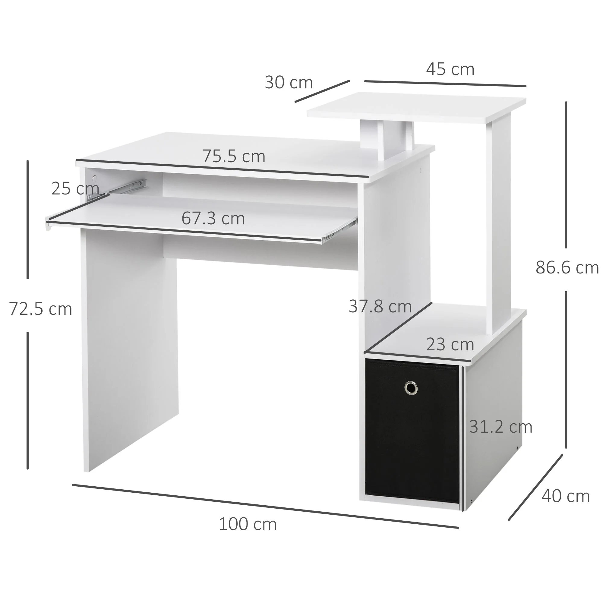 Computer Desk with Sliding Keyboard Tray Storage Drawer Shelf Home Office Workstation White - Image 2
