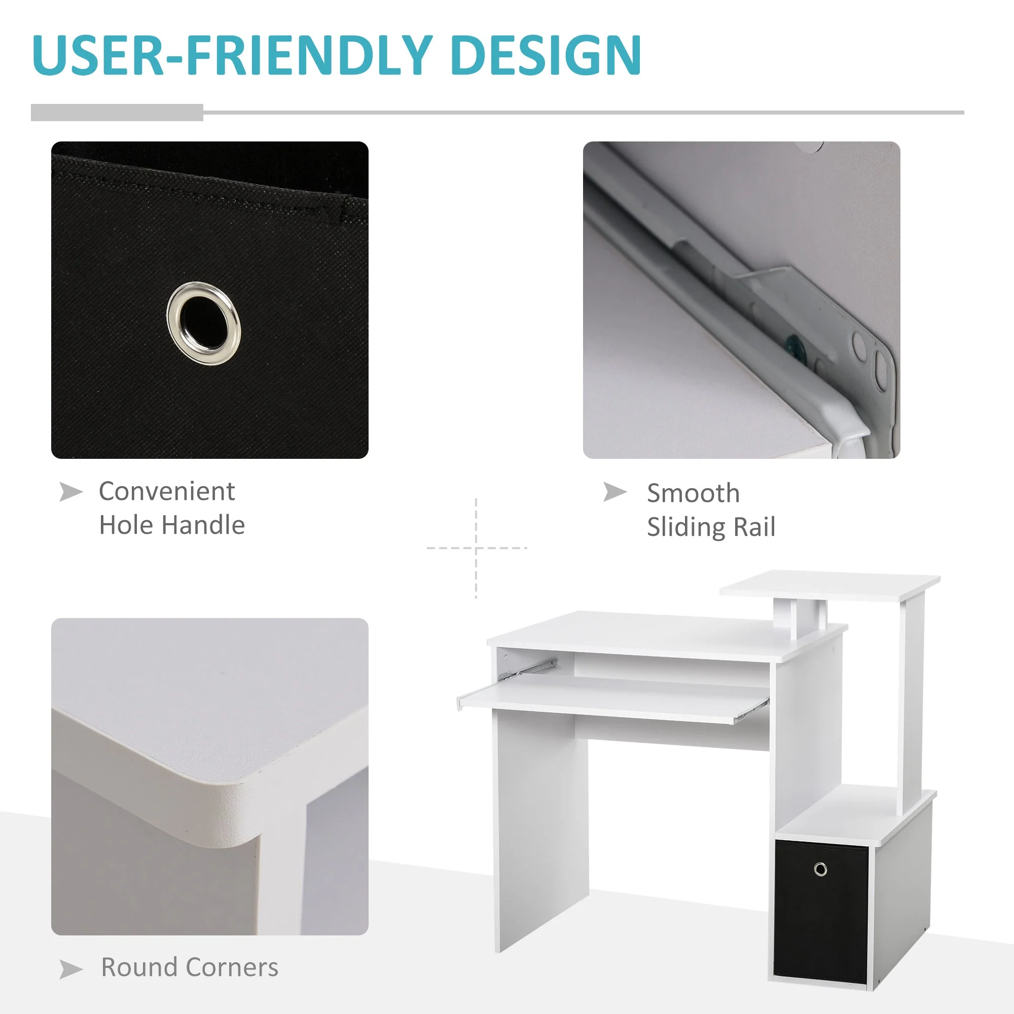 Computer Desk with Sliding Keyboard Tray Storage Drawer Shelf Home Office Workstation White - Image 4