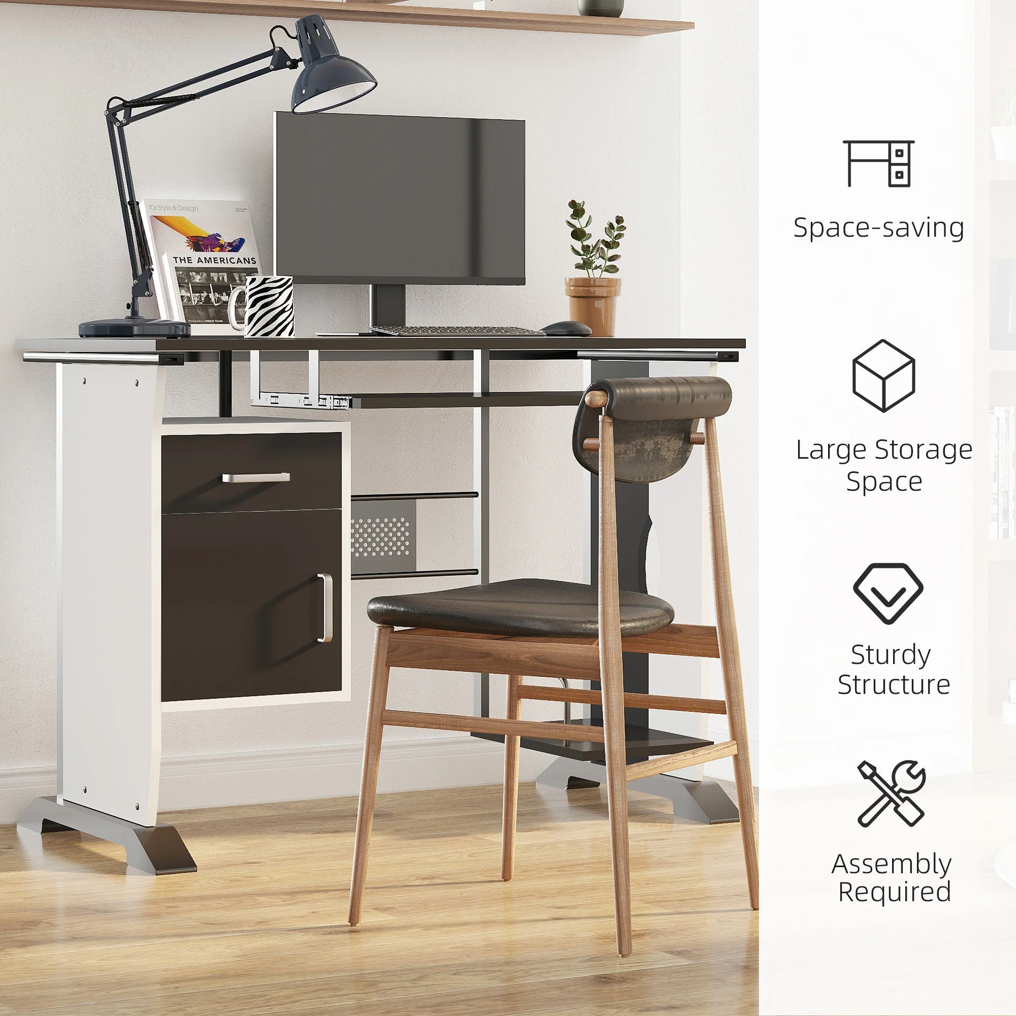 Computer Desk with Sliding Keyboard Tray Storage Drawers and Host Box Shelf Home Office Workstation Black - Image 6