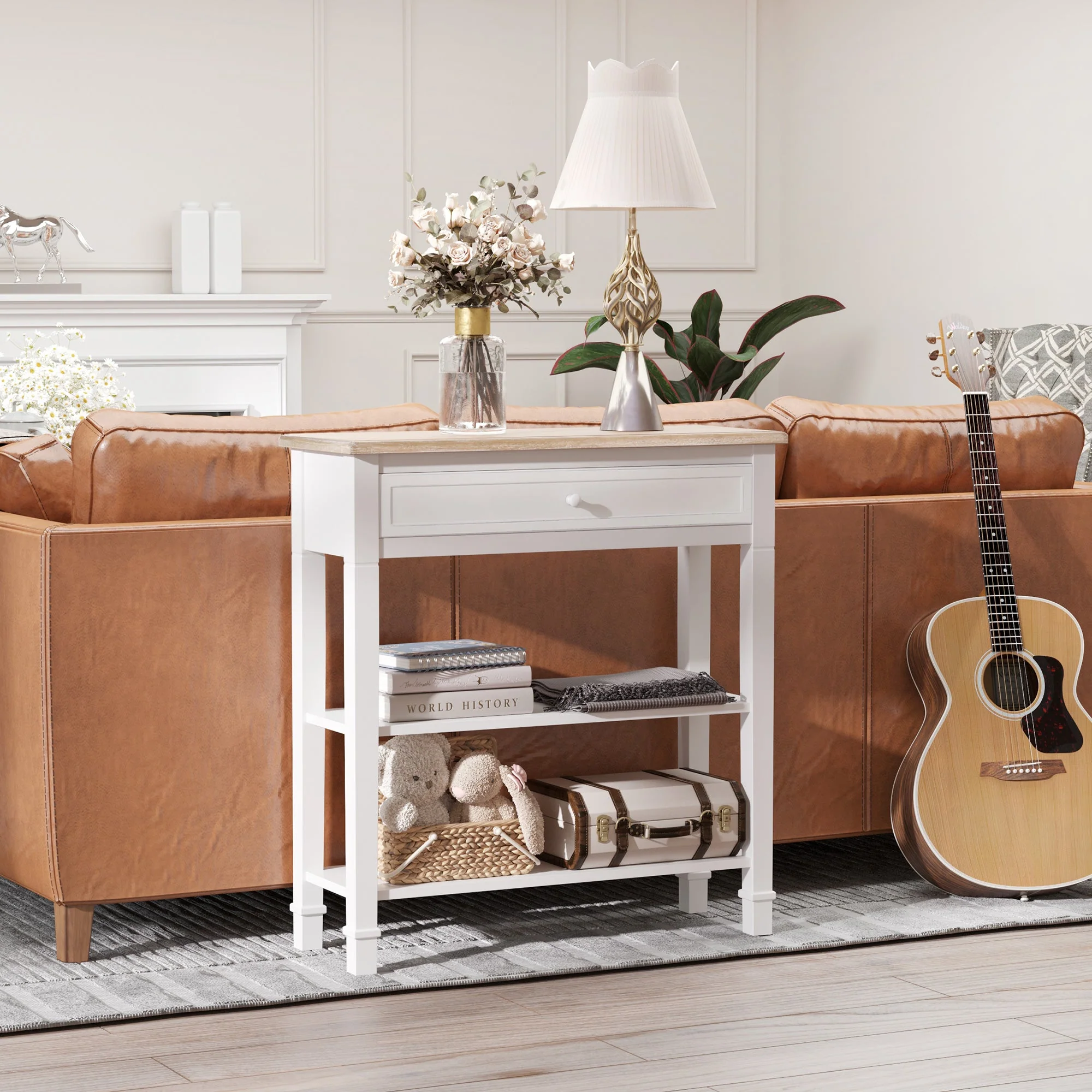 Console Table Hallway Side Desk 1 Drawer 2 Shelves Worktop Handle Retro Elegant Style Home Display Storage for Bedroom Livingroom - Image 2