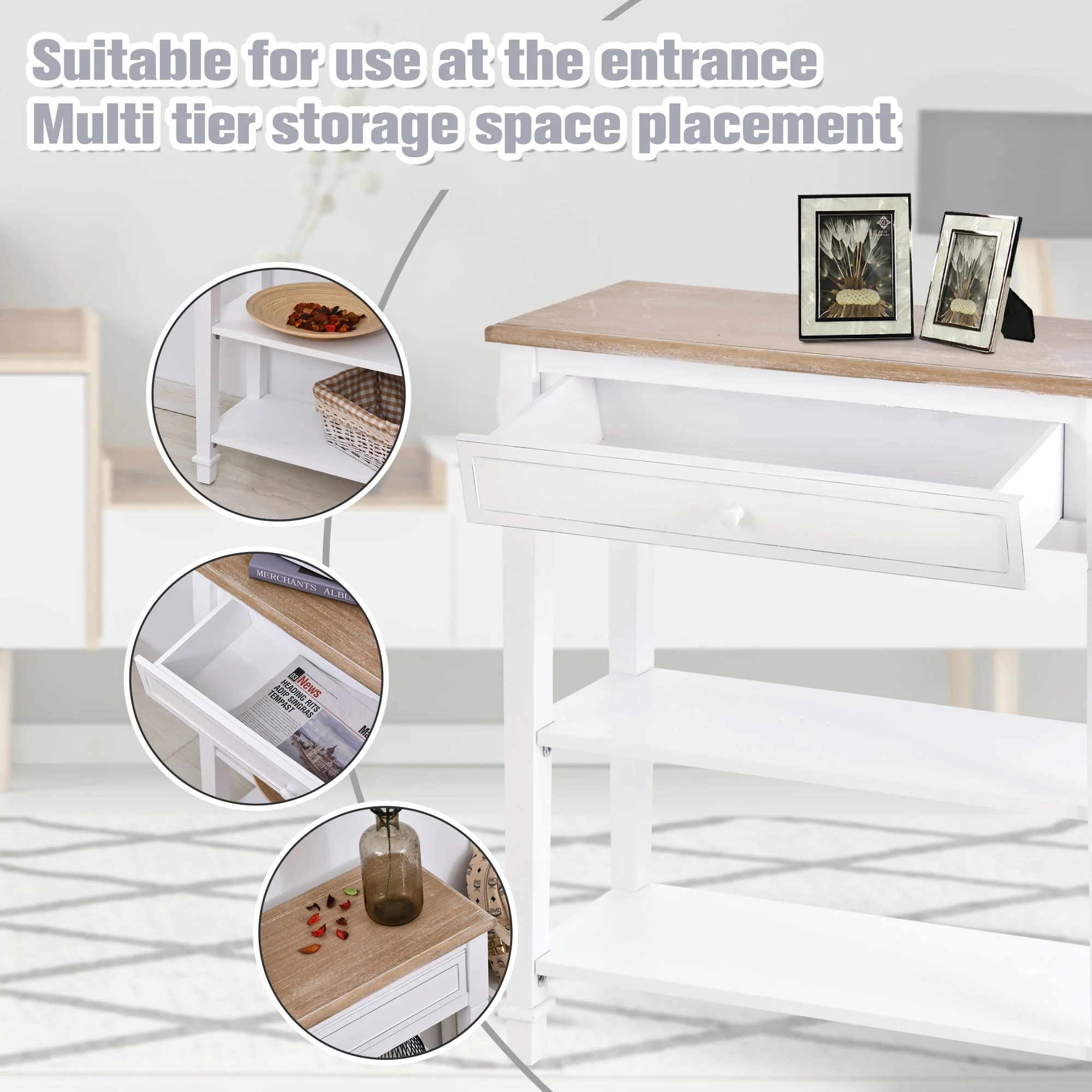 Console Table Hallway Side Desk 1 Drawer 2 Shelves Worktop Handle Retro Elegant Style Home Display Storage for Bedroom Livingroom - Image 5