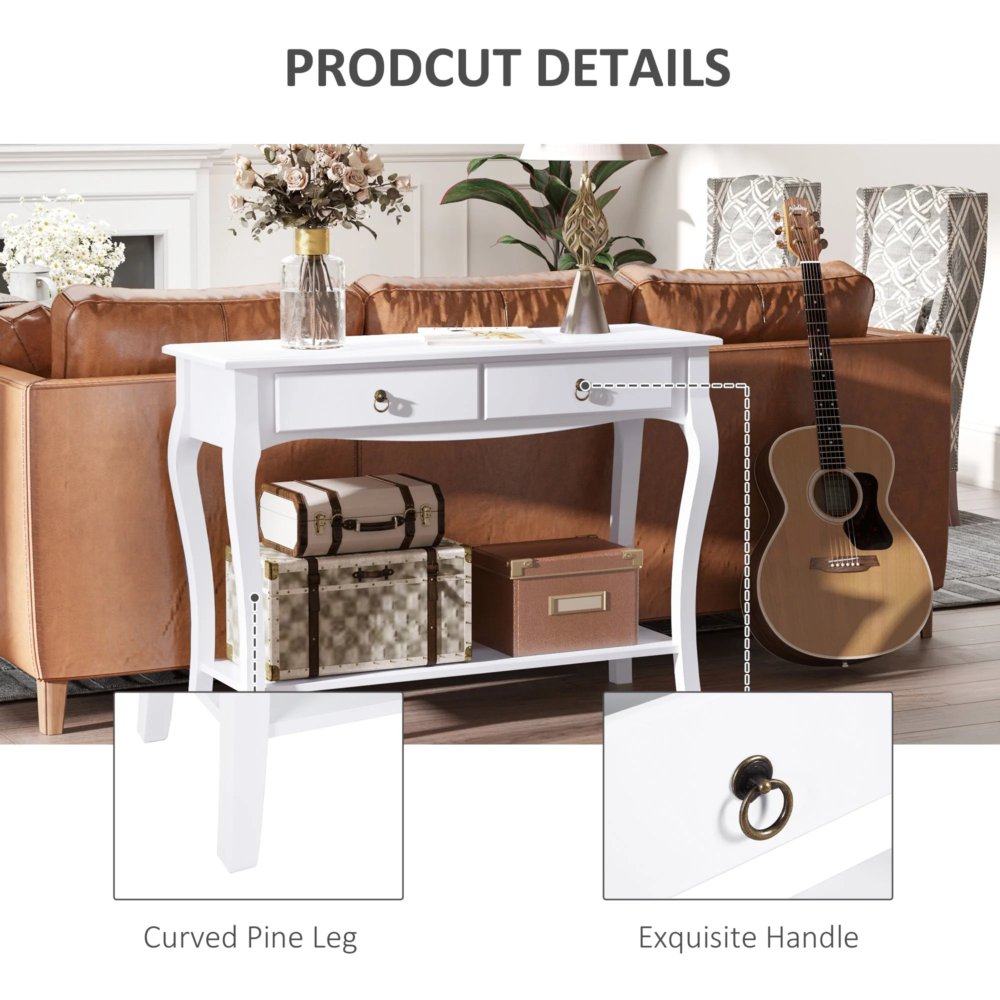 Console Table Modern Sofa Side Desk with Storage Shelves Drawers for Living Room Entryway Bedroom Ivory White - Image 5