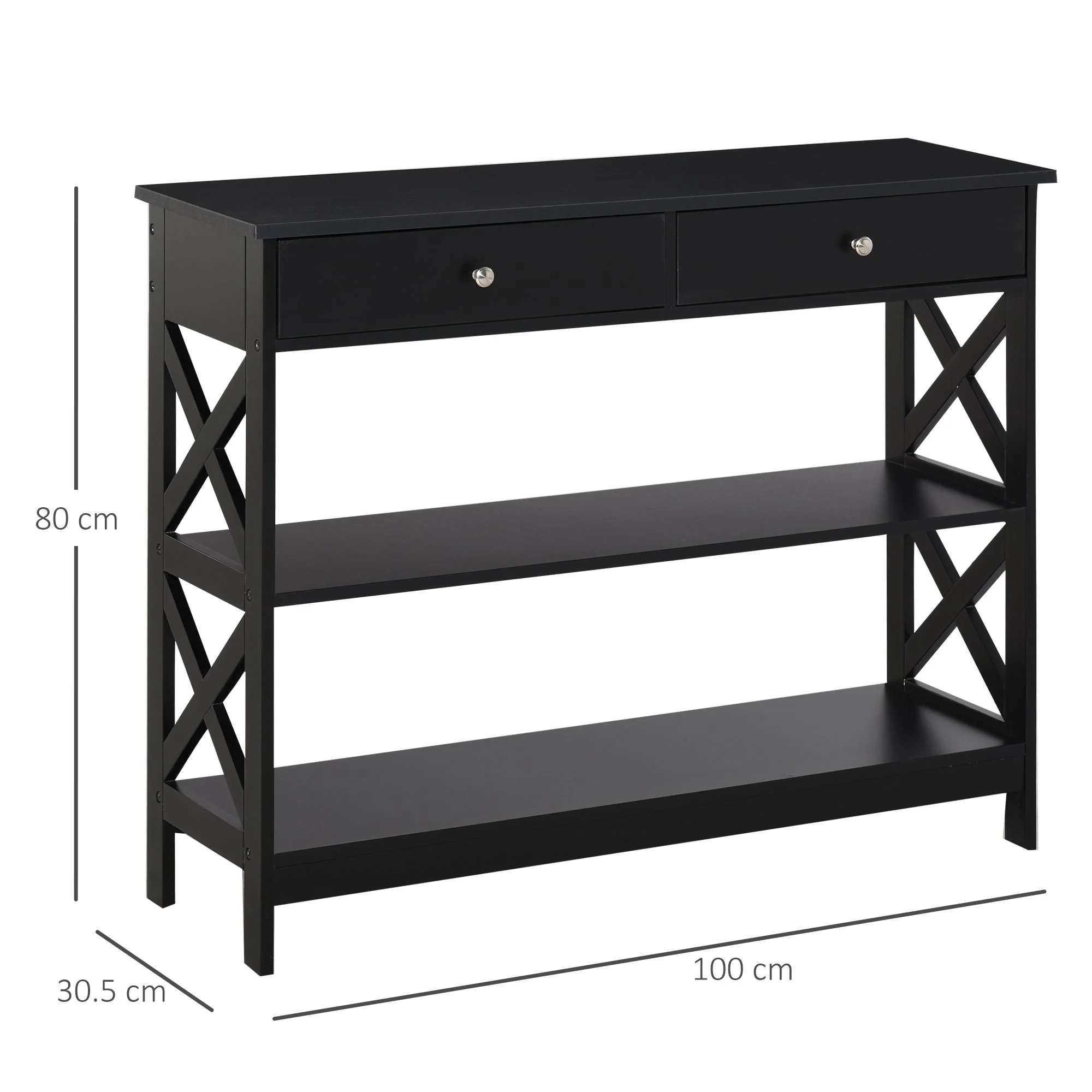 Console Table Side Desk w/ Shelves Drawers Open Top X Support Frame Living Room Hallway Home Office Furniture Black - Image 2
