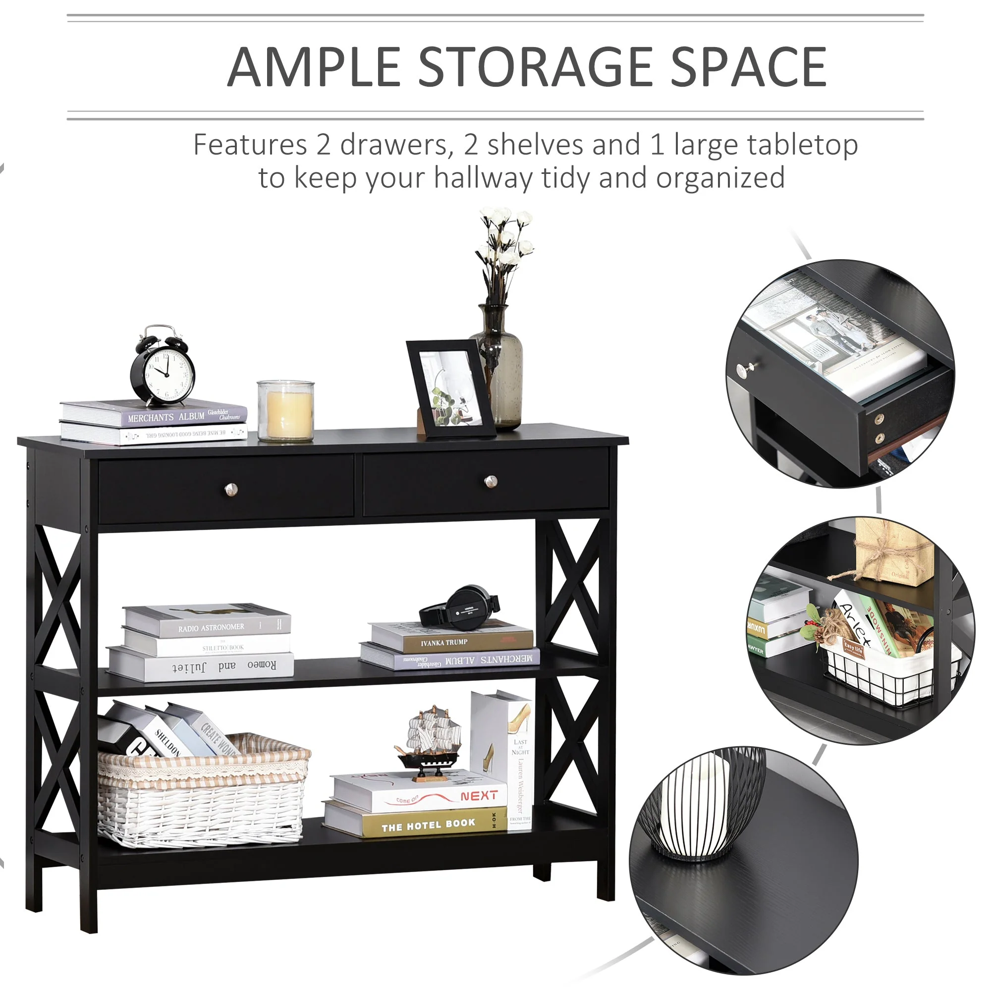 Console Table Side Desk w/ Shelves Drawers Open Top X Support Frame Living Room Hallway Home Office Furniture Black - Image 3