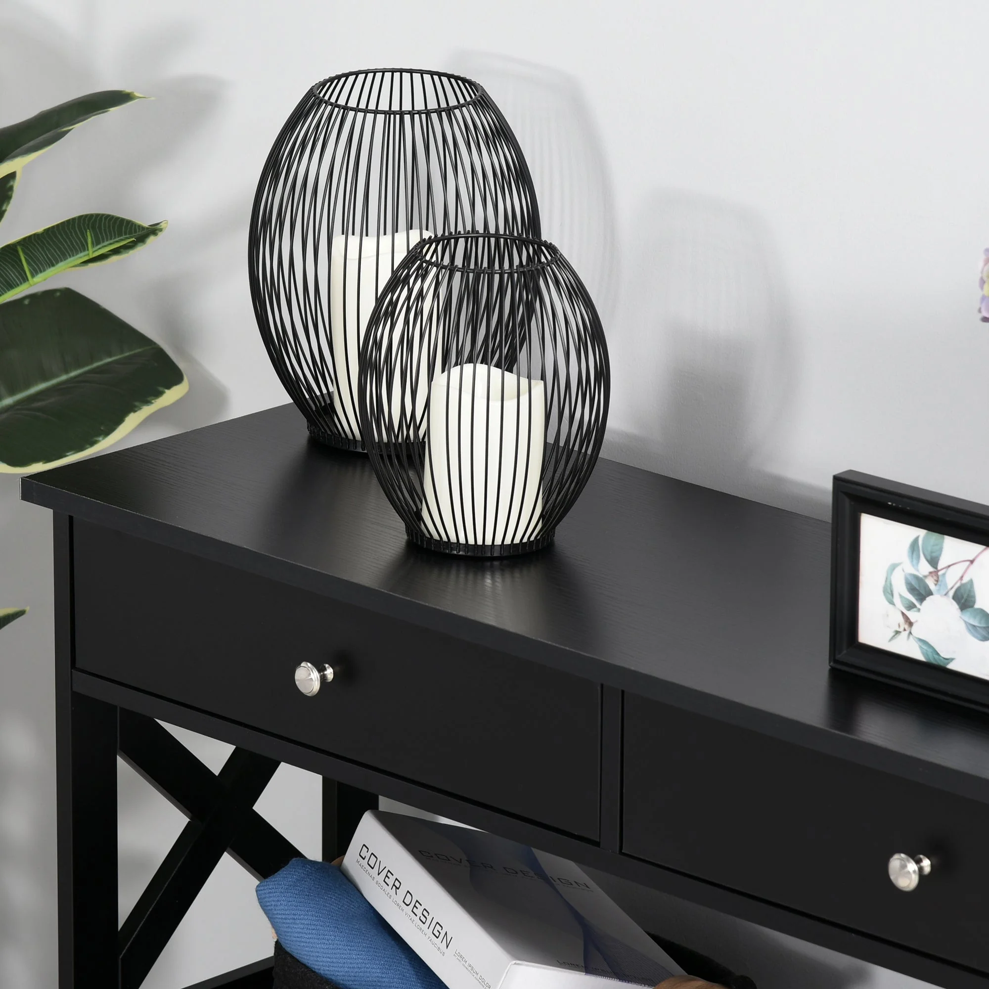 Console Table Side Desk w/ Shelves Drawers Open Top X Support Frame Living Room Hallway Home Office Furniture Black - Image 7