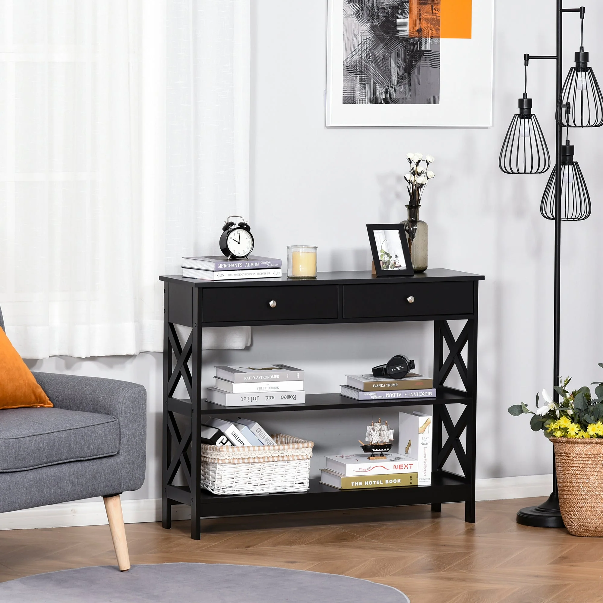 Console Table Side Desk w/ Shelves Drawers Open Top X Support Frame Living Room Hallway Home Office Furniture Black - Image 8