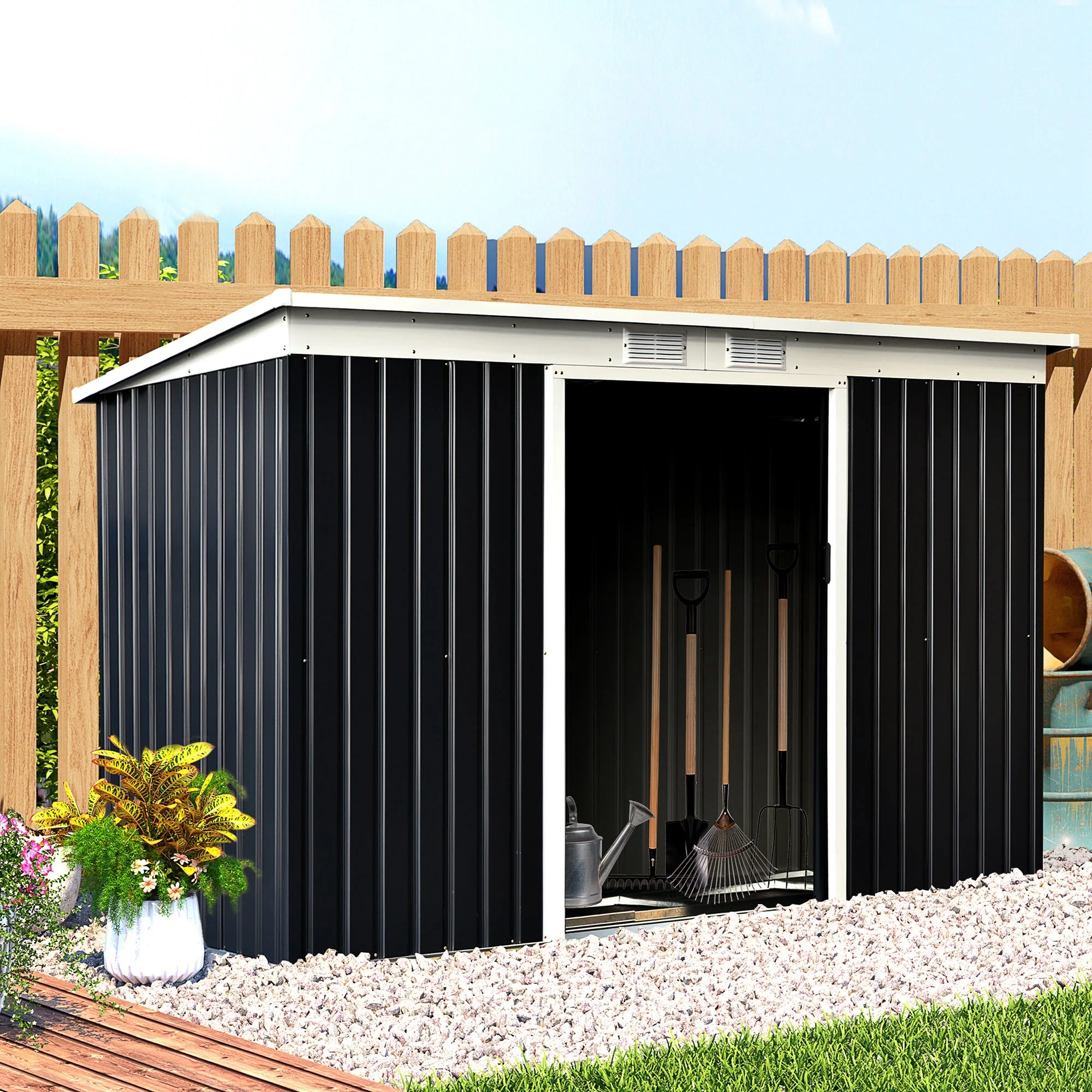 Corrugated 9 x 4' Double Door Pent Garden Shed With Ventilation Steel Dark Grey by Steadfast - Image 2