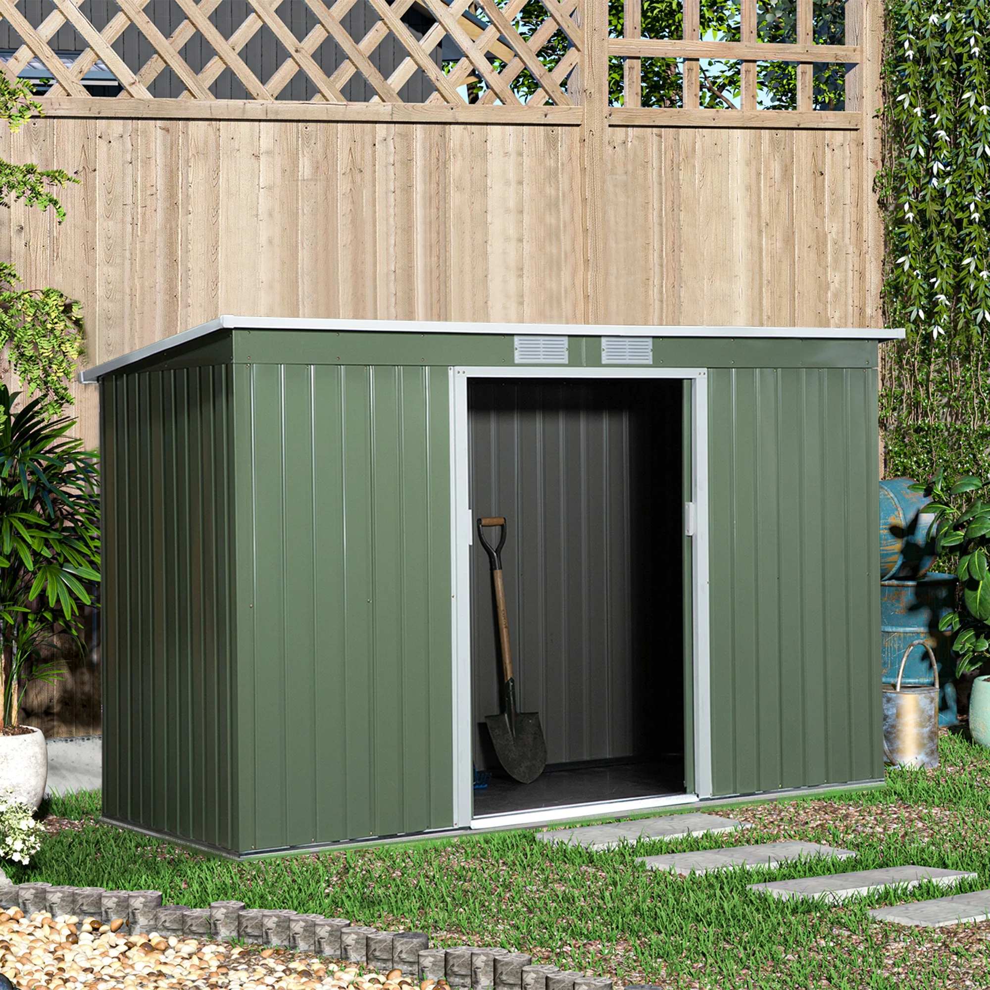 Corrugated 9 x 4' Double Door Pent Garden Shed With Ventilation Steel Light Green by Steadfast - Image 2