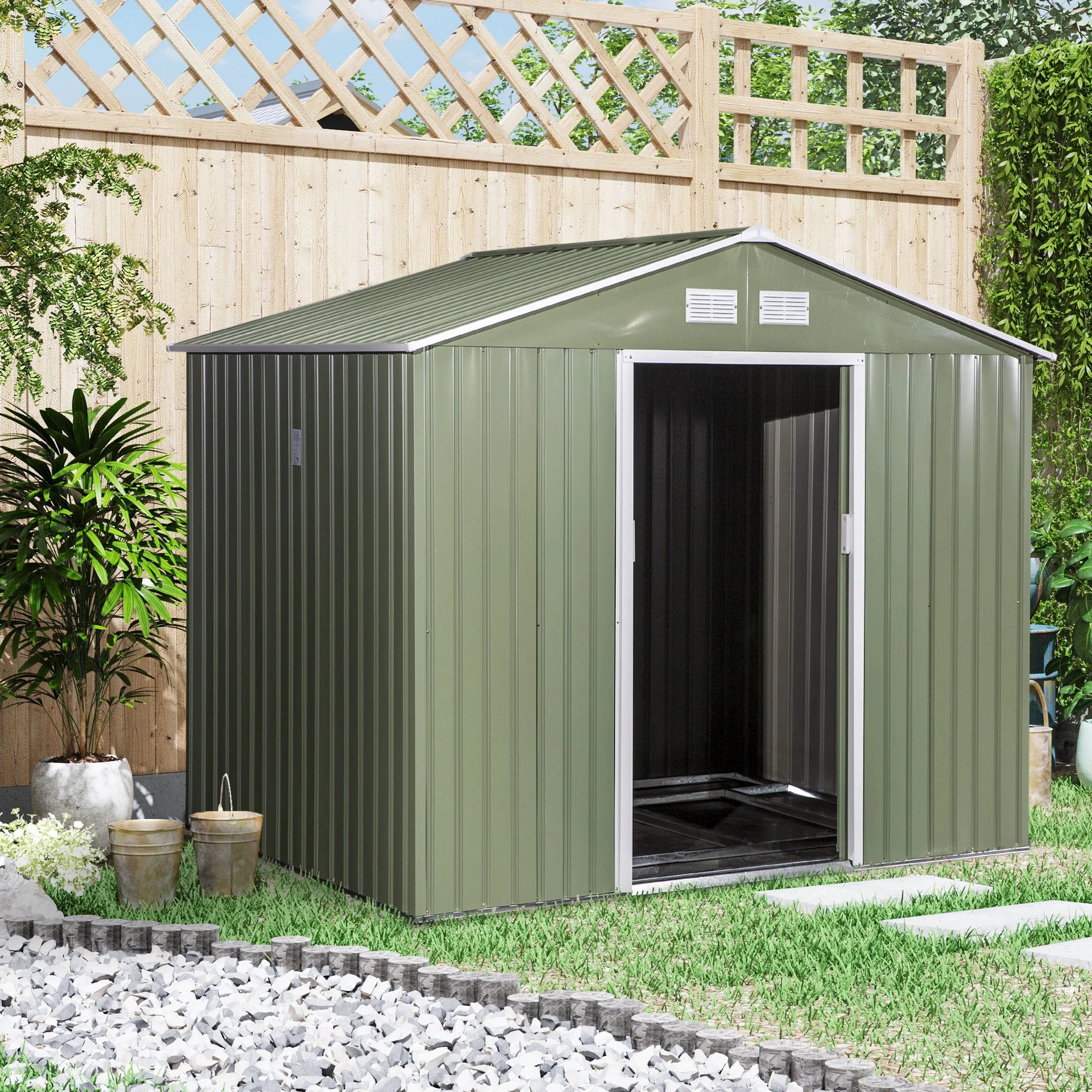 Corrugated 9 x 6' Double Door Apex Garden Shed With Ventilation Steel Green by Steadfast - Image 2