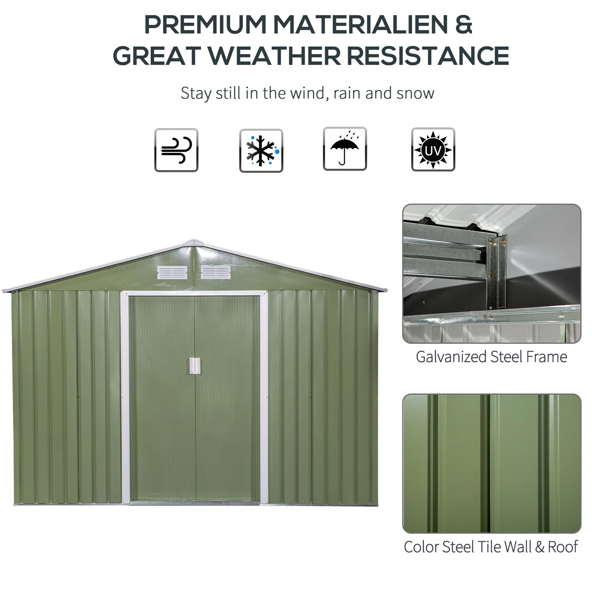 Corrugated 9 x 6' Double Door Apex Garden Shed With Ventilation Steel Green by Steadfast - Image 4