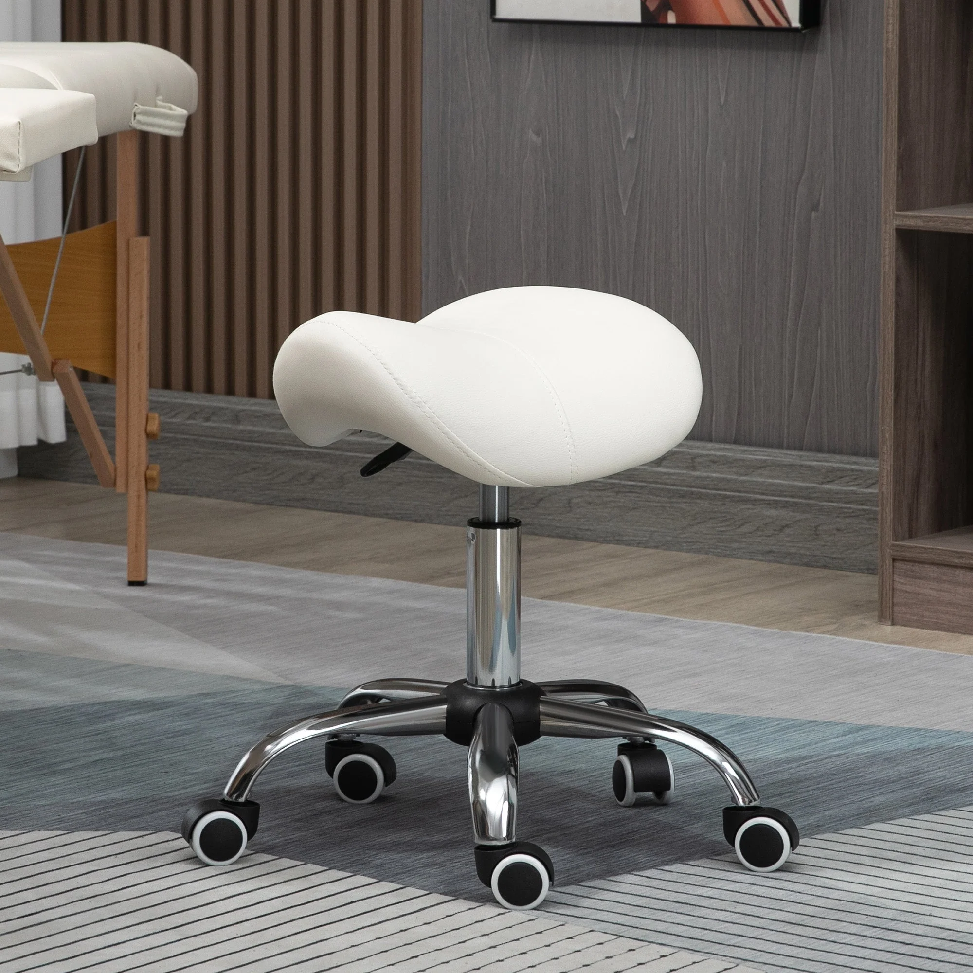 Cosmetic Stool 360° Rotate Height Adjustable Salon Massage Spa Chair Hydraulic Rolling Faux Leather Saddle Stool - Image 2