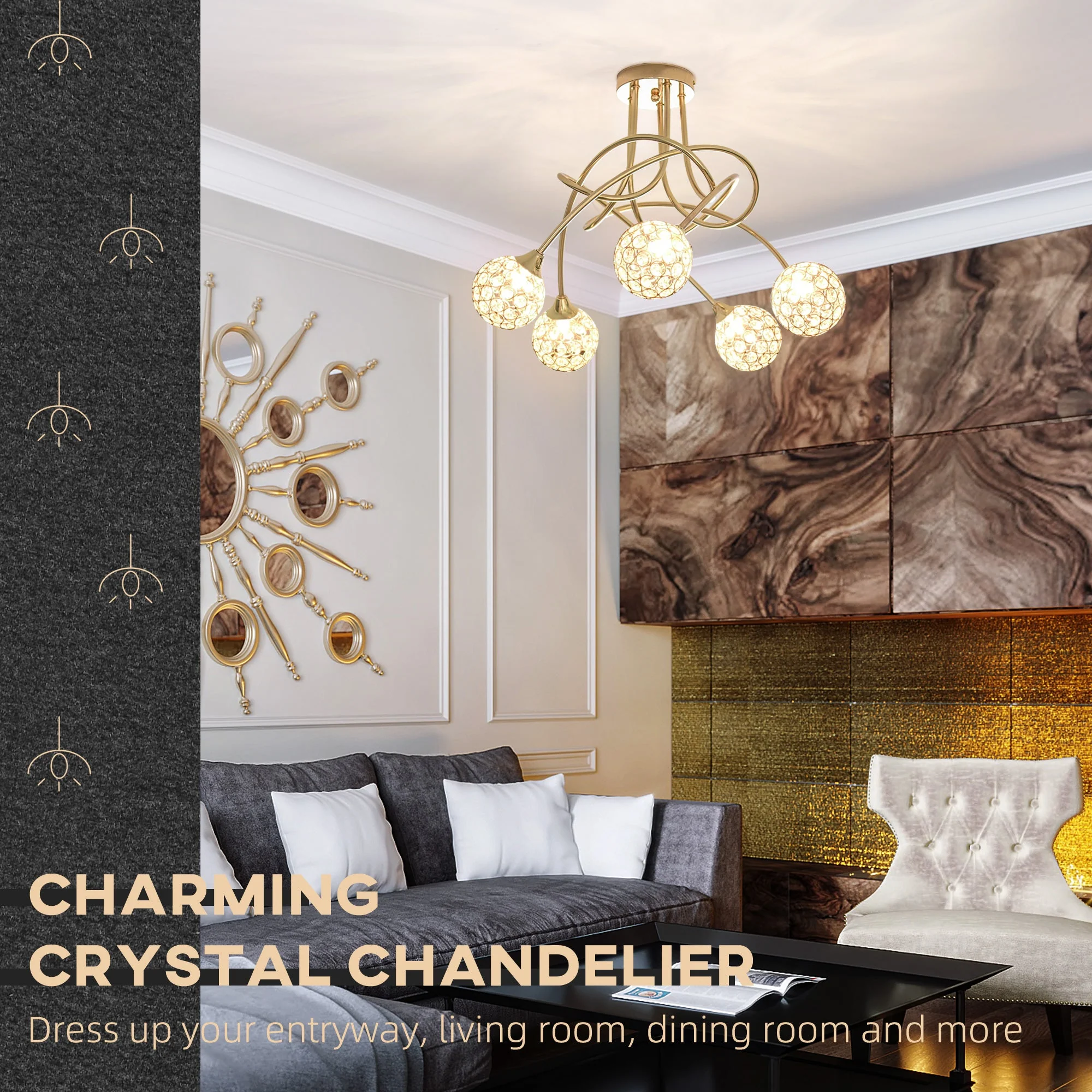Crystal Chandelier Modern Pendant Light for Living Room with 5 Ball Lampshades 5 G9 Bulbs Required Gold Tone - Image 4
