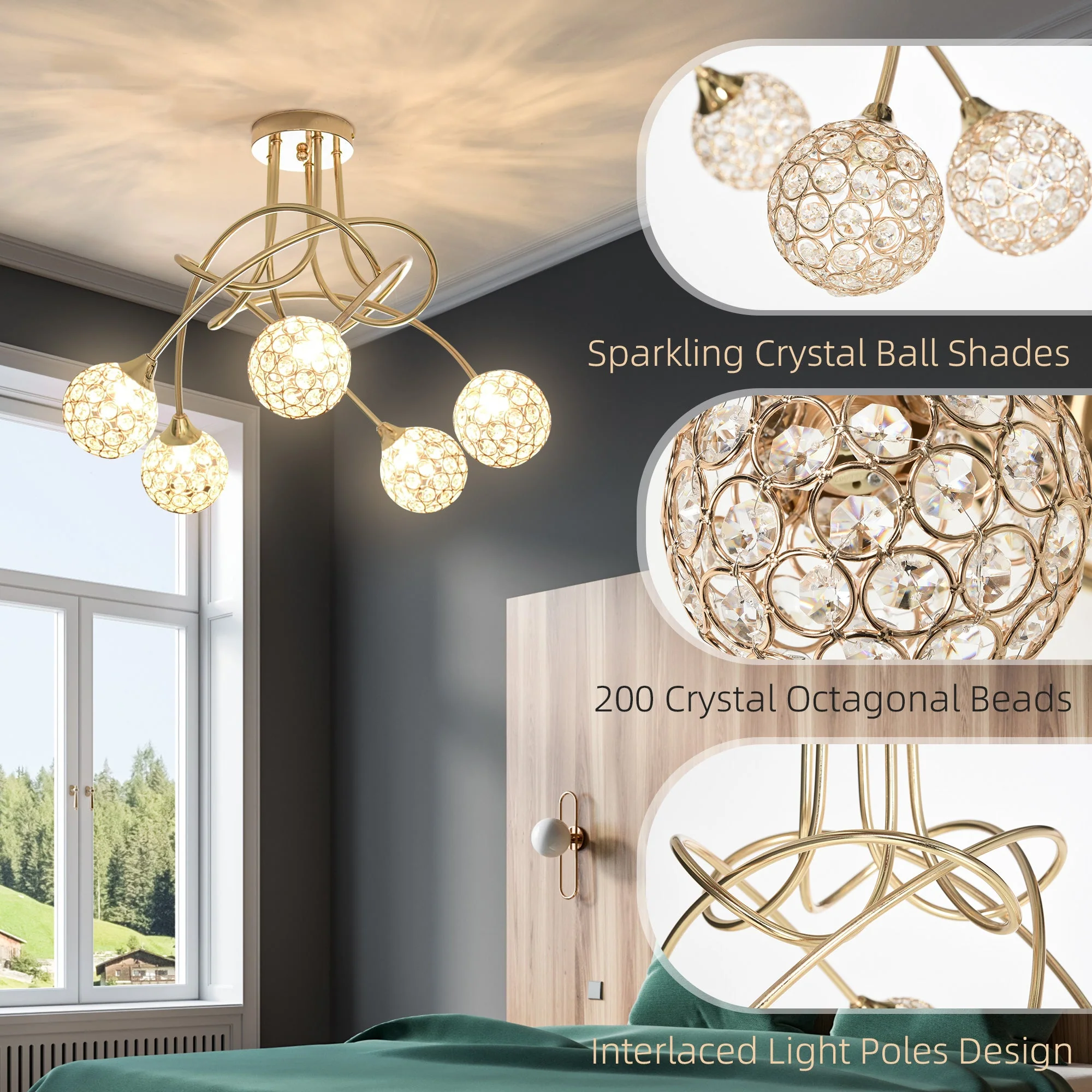 Crystal Chandelier Modern Pendant Light for Living Room with 5 Ball Lampshades 5 G9 Bulbs Required Gold Tone - Image 5